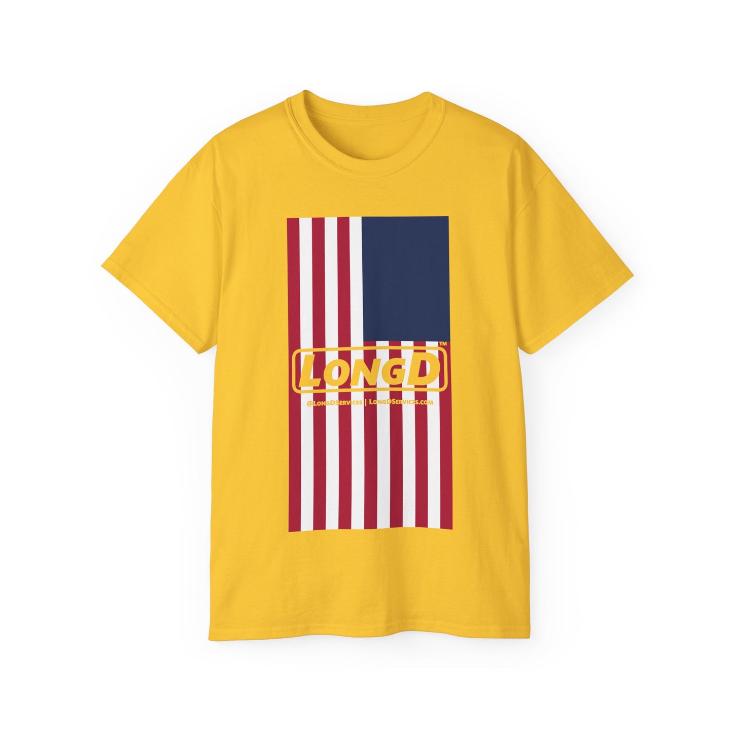 LongD® Logo Cotton Tee Red, White and Blue portrait (official proportions) flag negative text