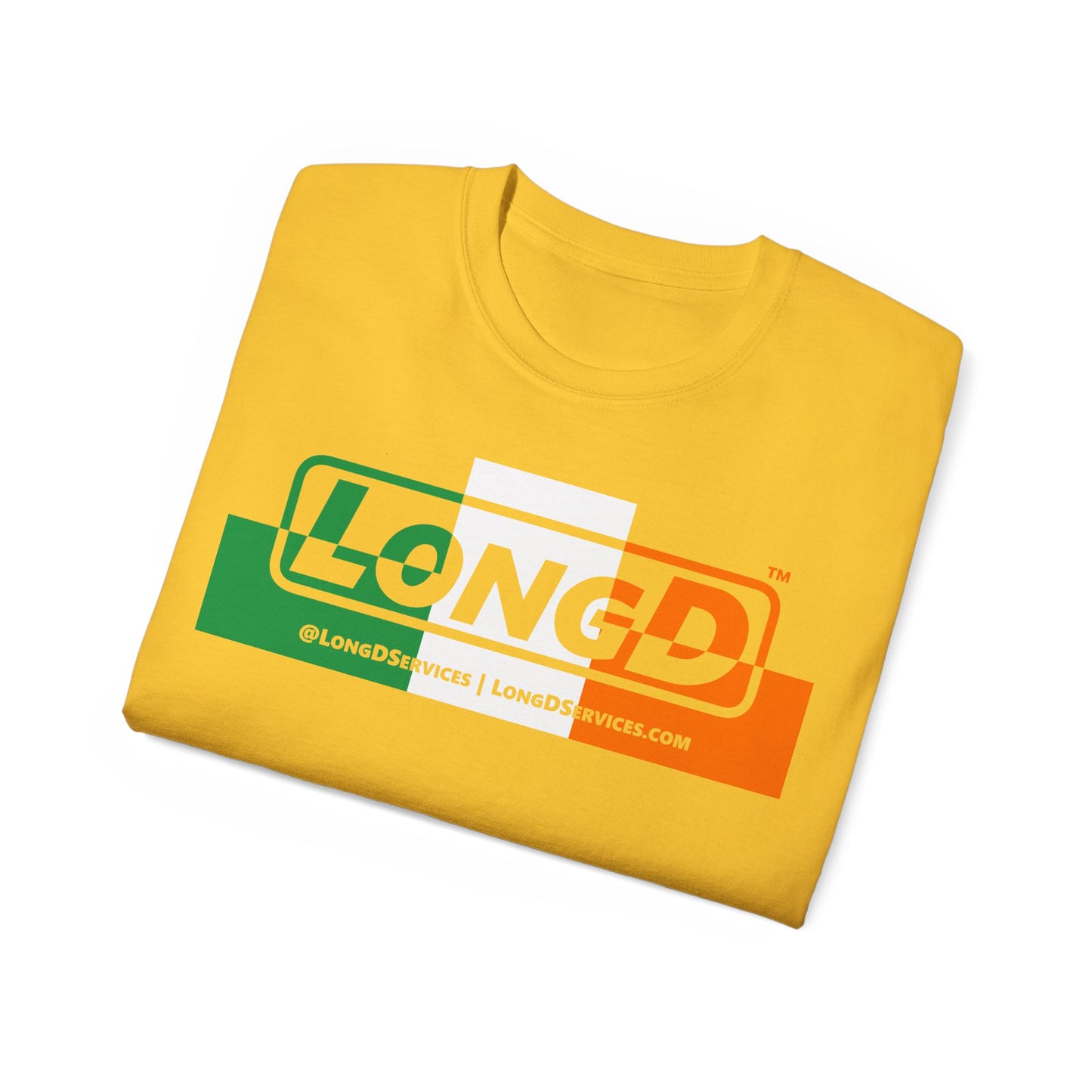 LongD® Logo Cotton Tee (St. Patrick's Day -Irish Green, White and Irish Orange thirds top-bottom outer positive-negative split)
