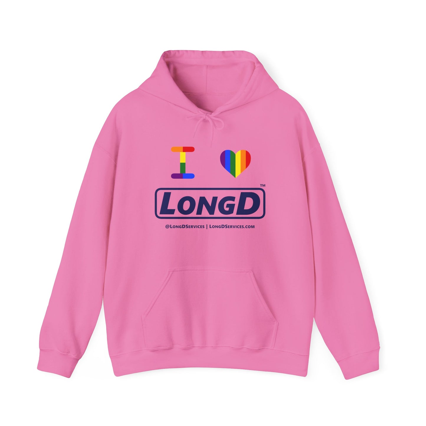 I Luv LongD® Official Logo Hoodie with Pride rainbow heart and positive text