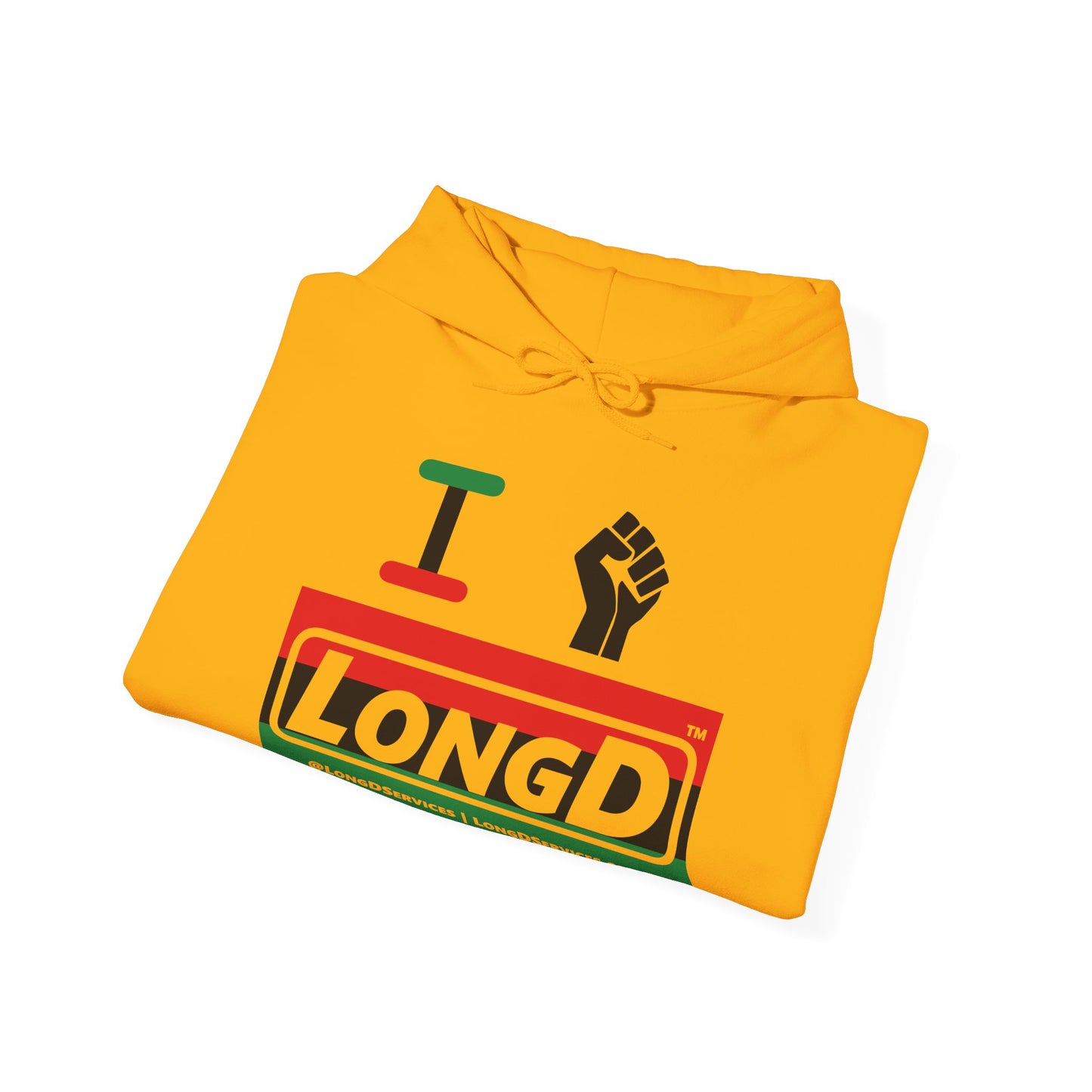I Fist LongD® Logo Hoodie with Juneteenth black fist striped negative text