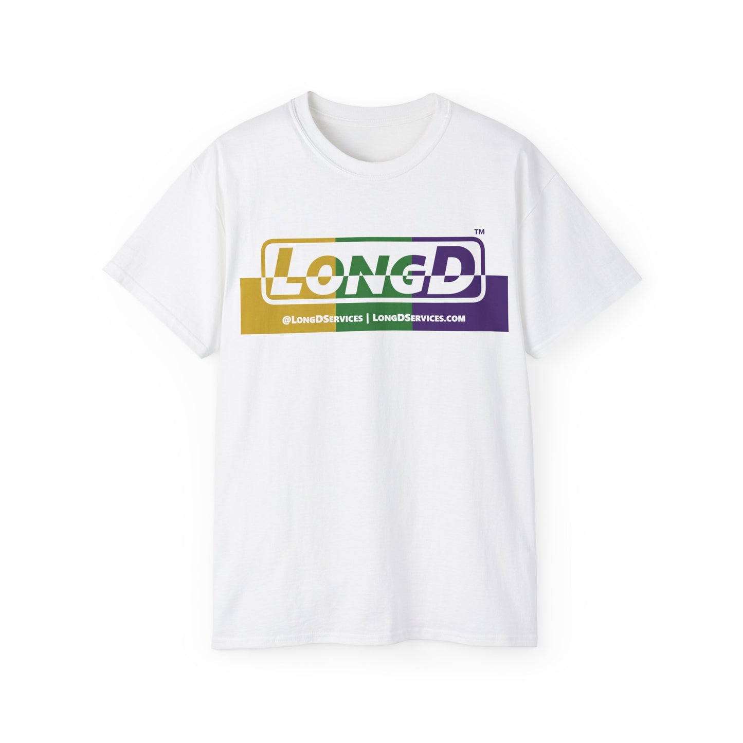 LongD® Logo Cotton Tee (positive top and negative bottom Mardi Gras colored text)