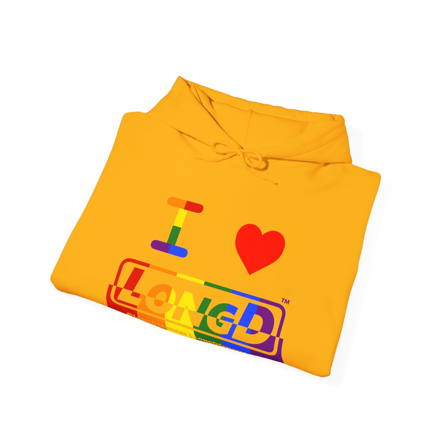 I Luv LongD® Logo Hoodie with Pride rainbow positive top negative bottom text