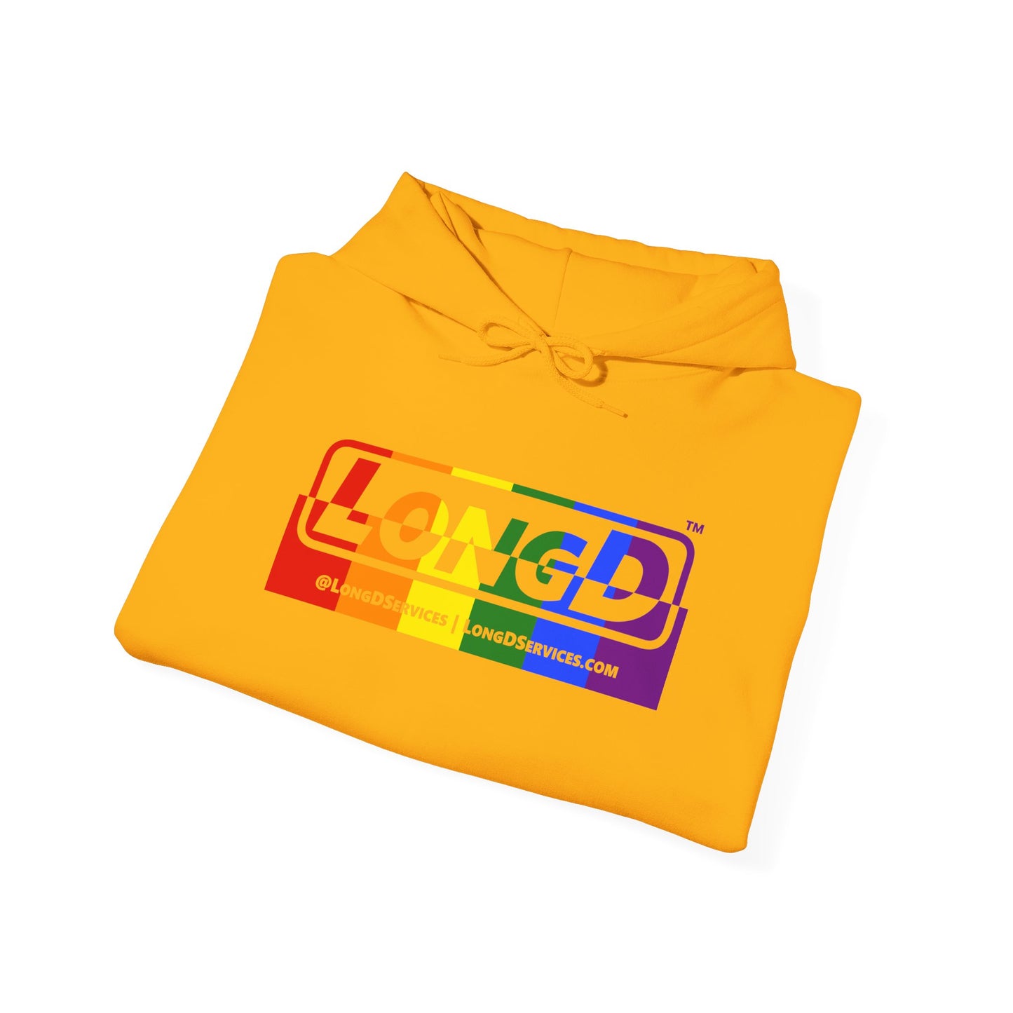 LongD® Logo Hoodie with Pride rainbow positive top negative bottom text