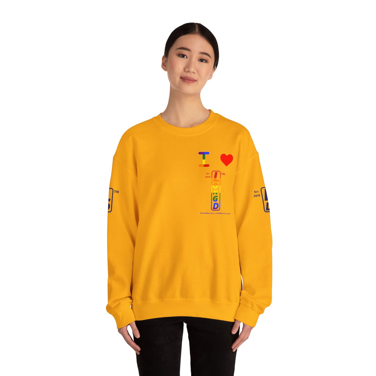 I Luv LongD positive horizontal 6-striped tag-domain upright 4-print single-breasted logo crewneck sweatshirt