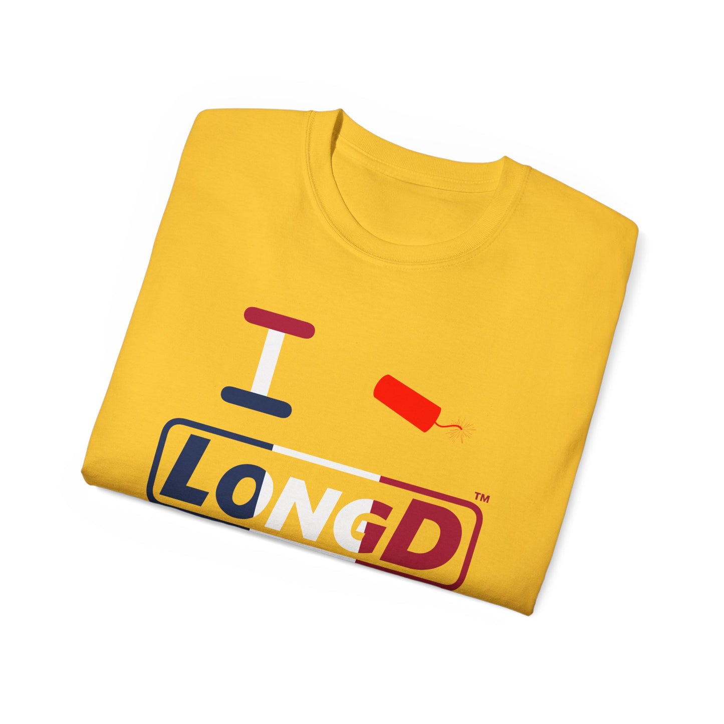 I Firecracker LongD® Logo Cotton Tee Blue, White and Red positive thirds text
