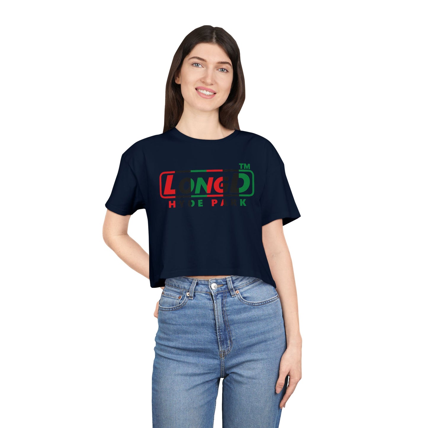 LongD positive vertical 6-striped Hyde Park logo crop tee (Juneteenth colors)