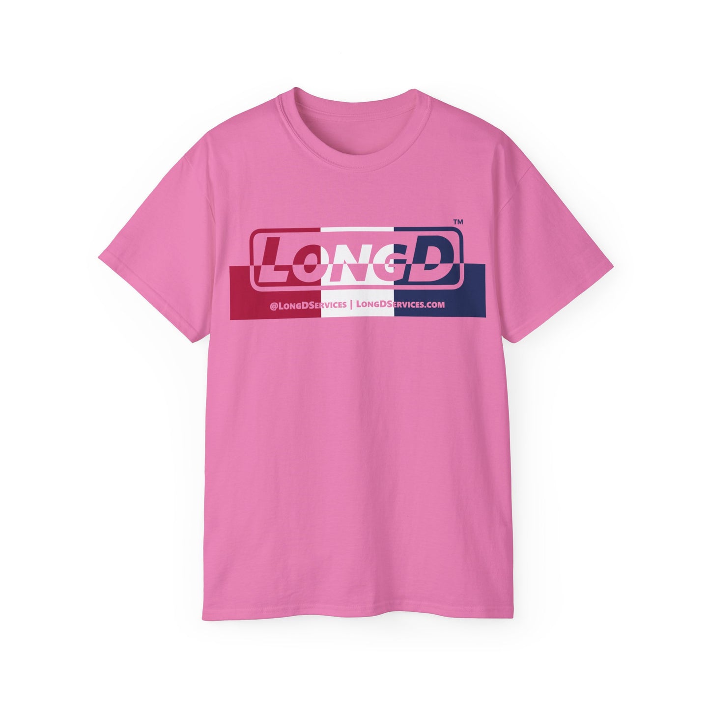 LongD® Logo Cotton Tee Red, White and Blue positive top negative bottom thirds text