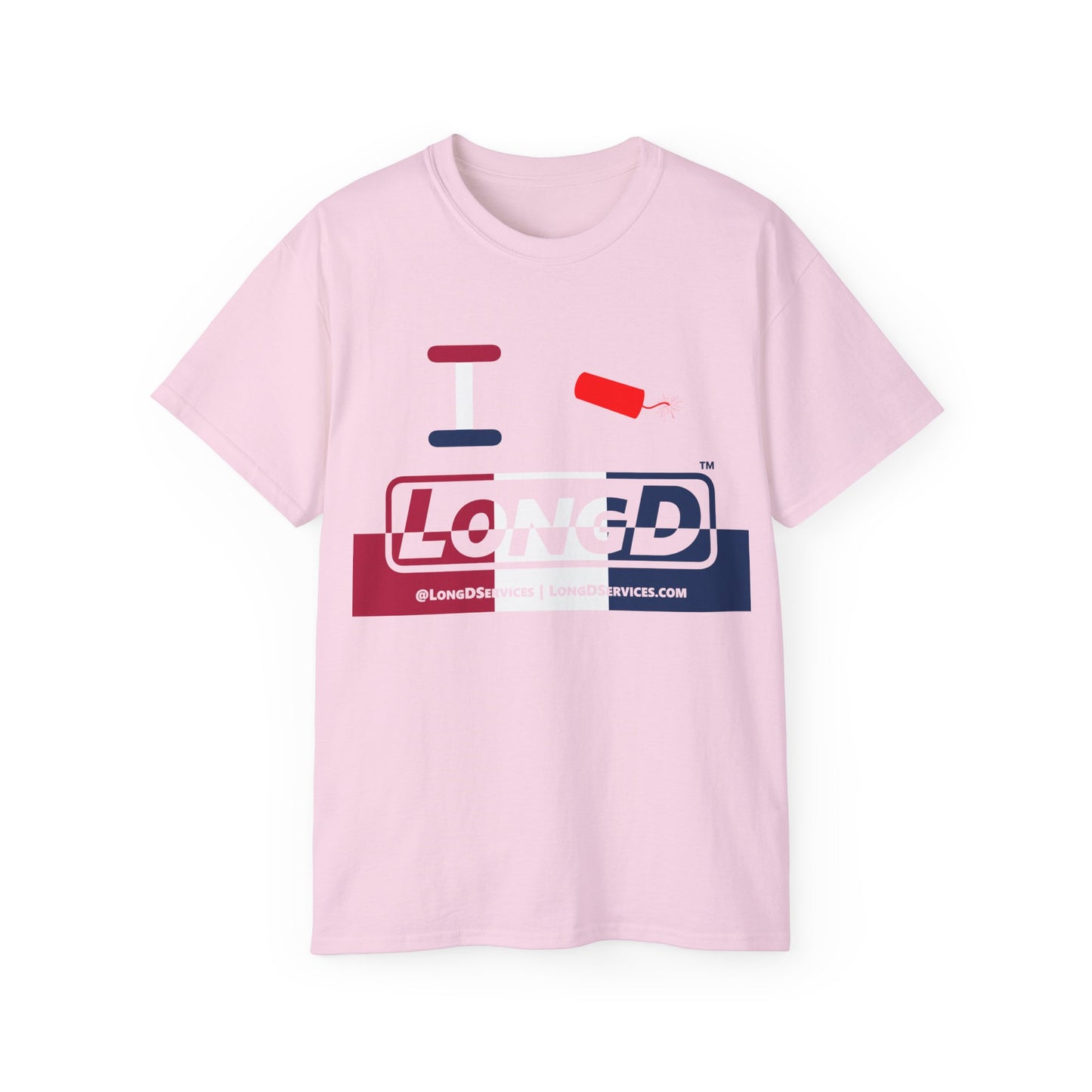 I Firecracker LongD® Logo Cotton Tee Red, White and Blue positive top negative bottom split thirds text