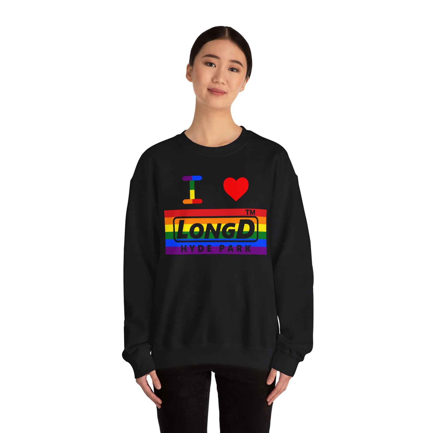 I Luv LongD negative horizontal striped Hyde Park logo crewneck sweatshirt (Pride colors)