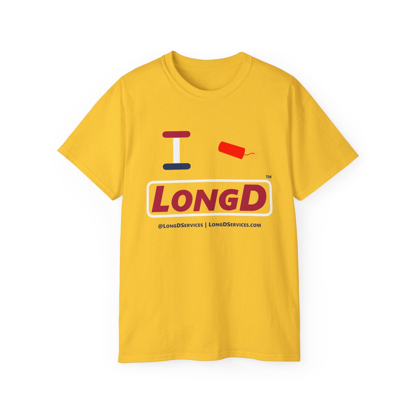 I Firecracker LongD® Logo Cotton Tee Red, White and Blue positive elements text