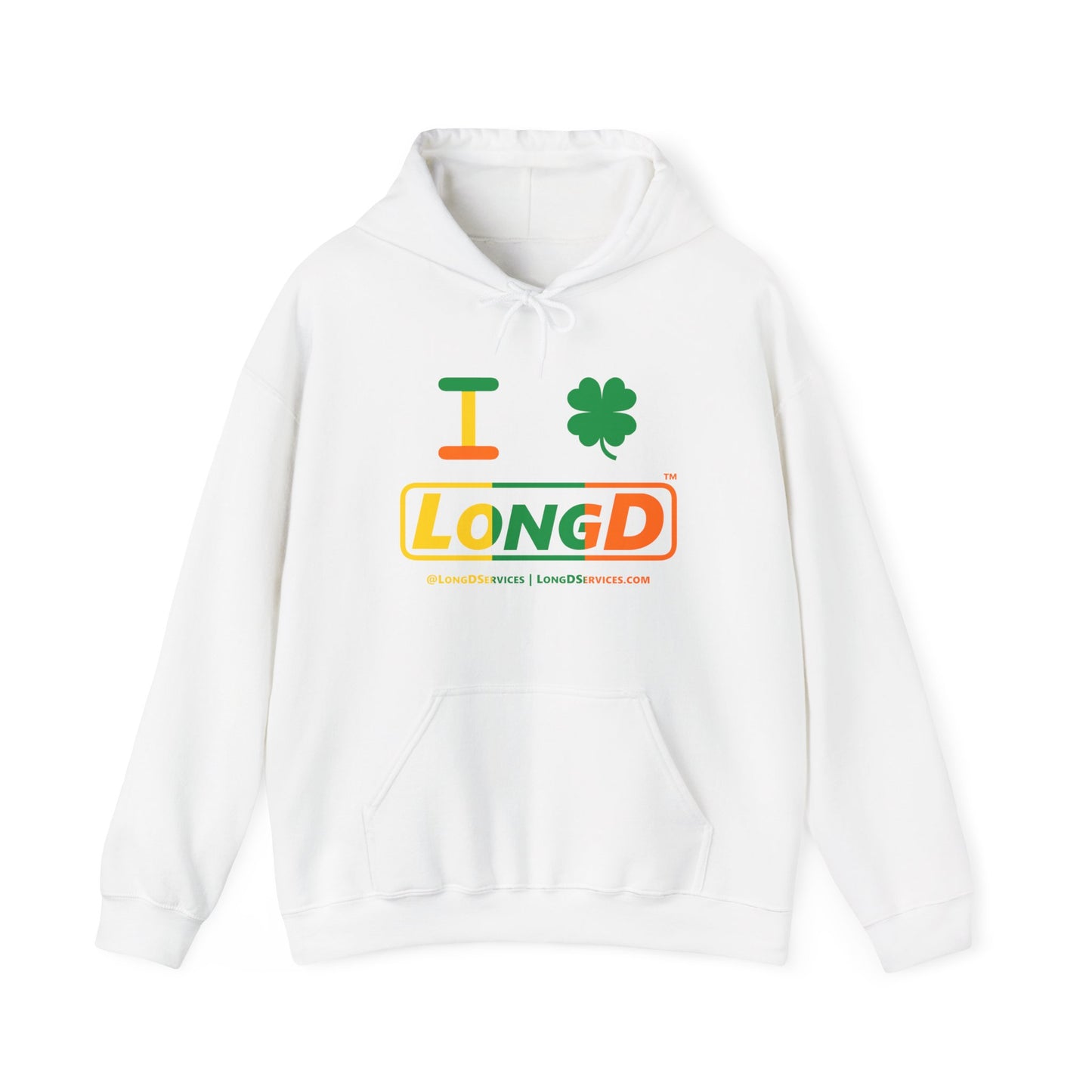 I Clover LongD® Logo Hoodie (St. Patrick's Day Irish Green-Irish Orange-Golden Yellow text)