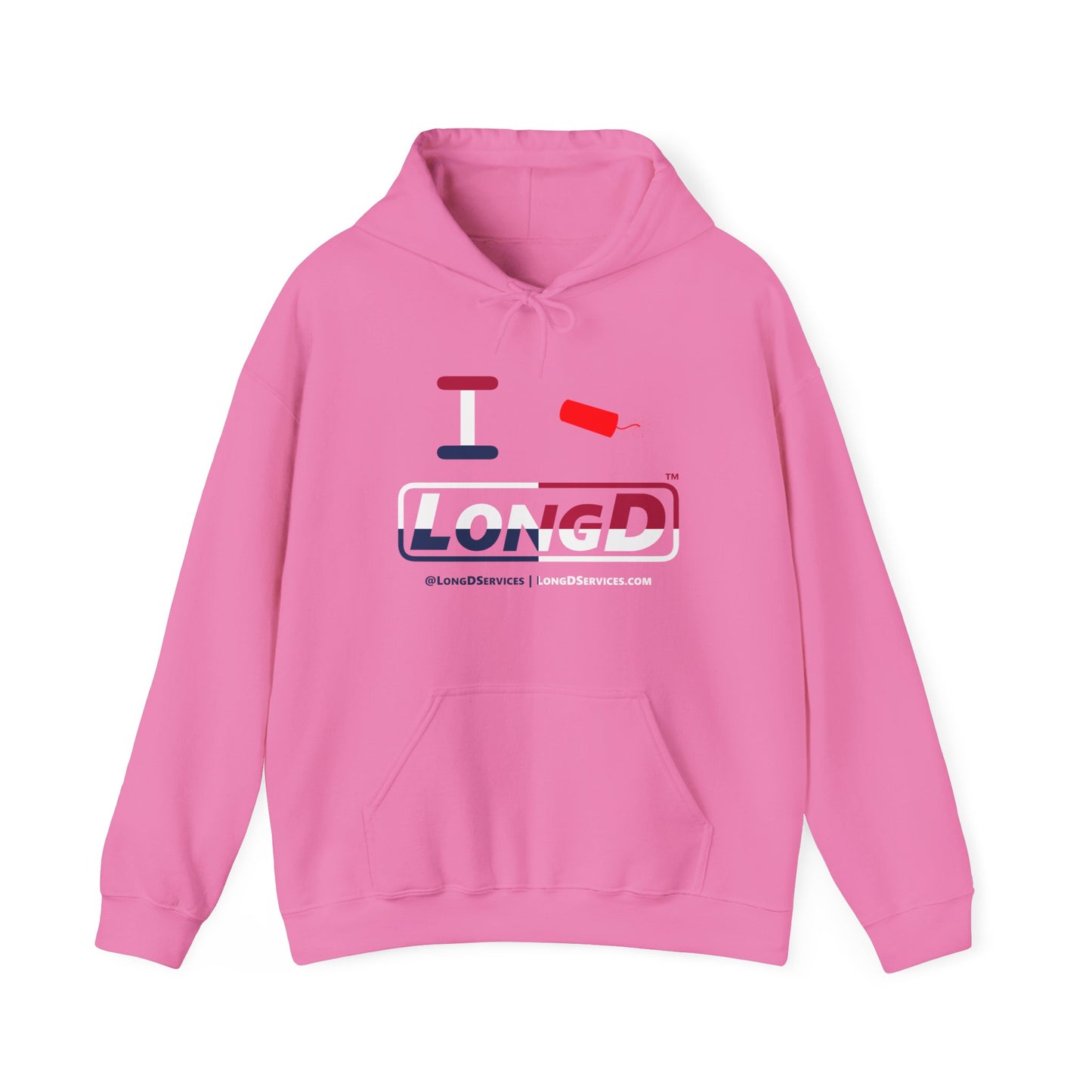 I Firecracker LongD® Logo Hoodie red, white and blue positive quarters