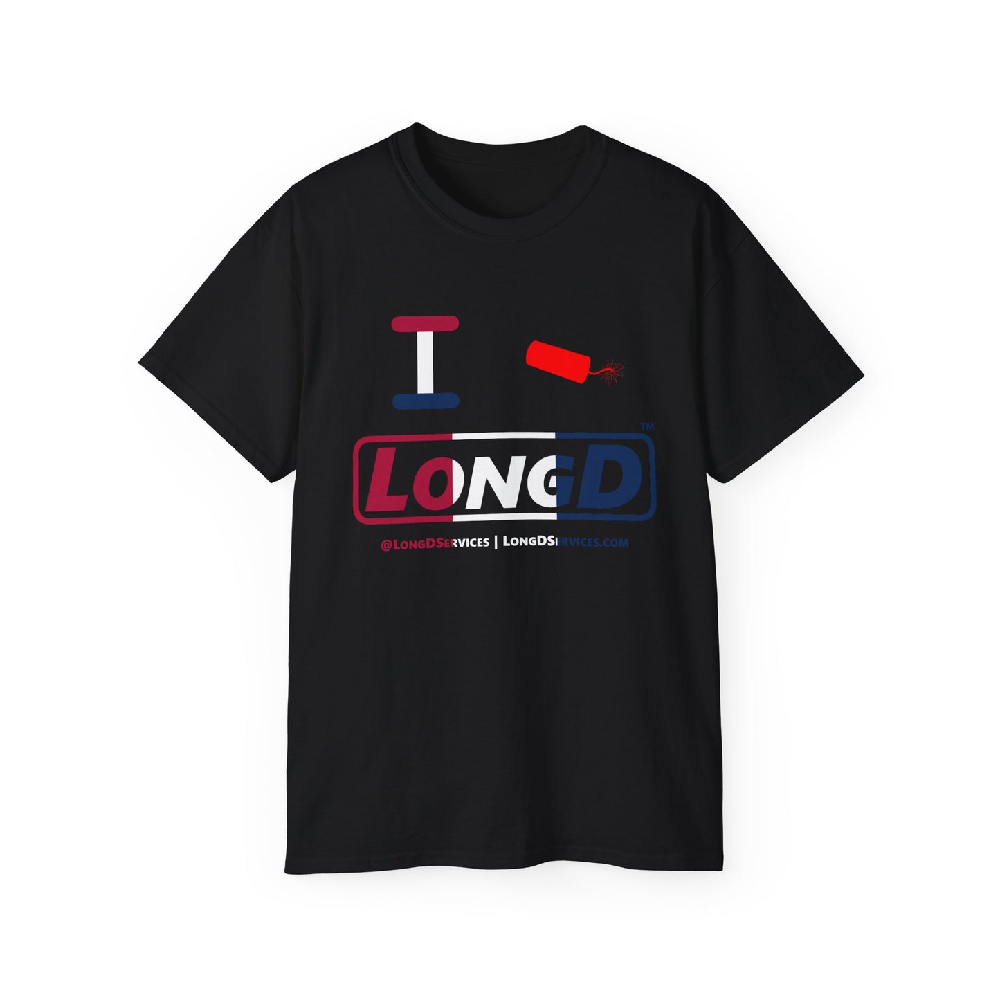 I Firecracker LongD® Logo Cotton Tee Red, White and Blue positive thirds text