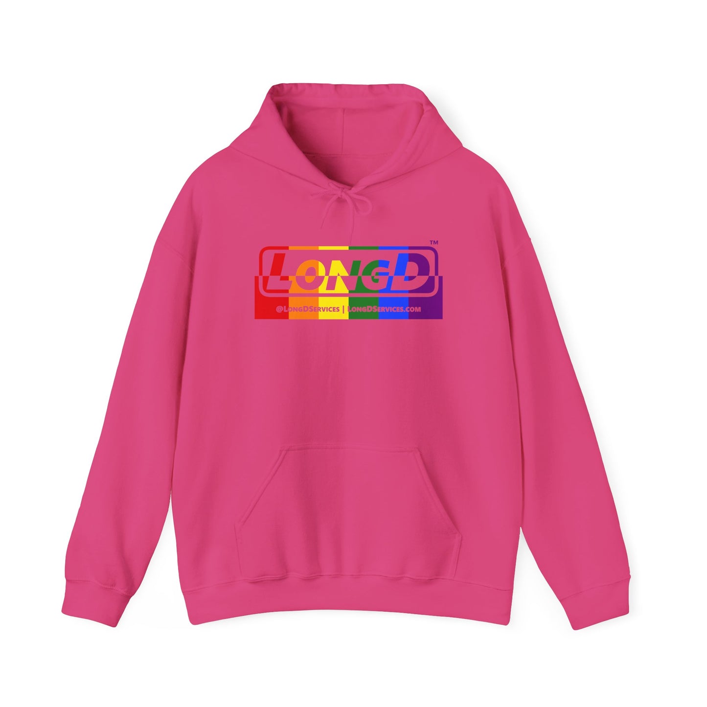 LongD® Logo Hoodie with Pride rainbow positive top negative bottom text