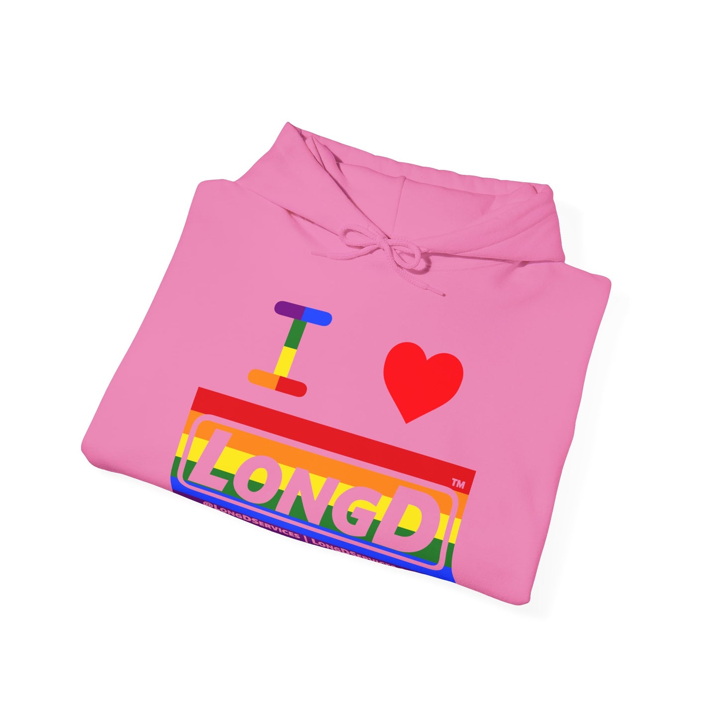 I Luv LongD® Logo Hoodie with Pride rainbow striped negative text