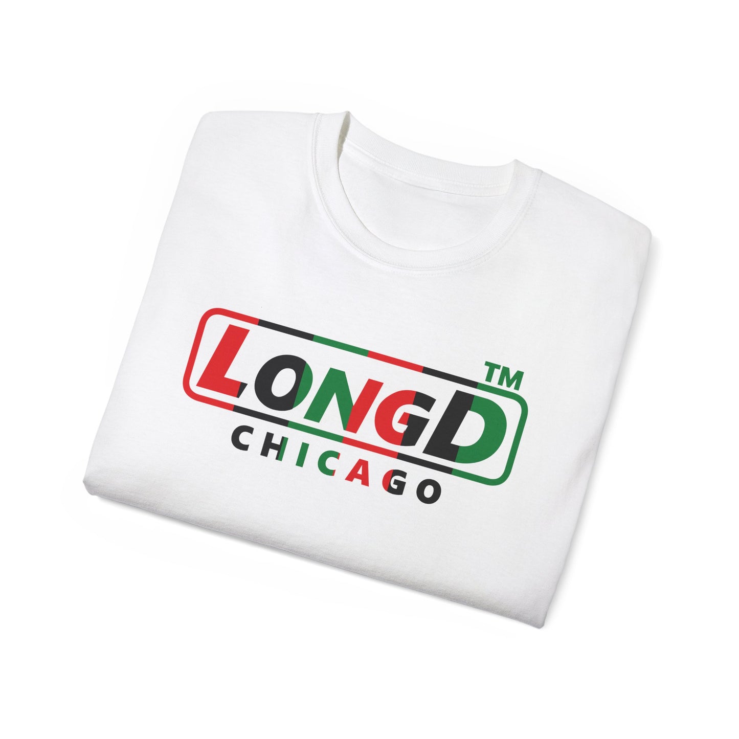 LongD positive vertical 6-striped Chicago logo cotton tee (Juneteenth colors)