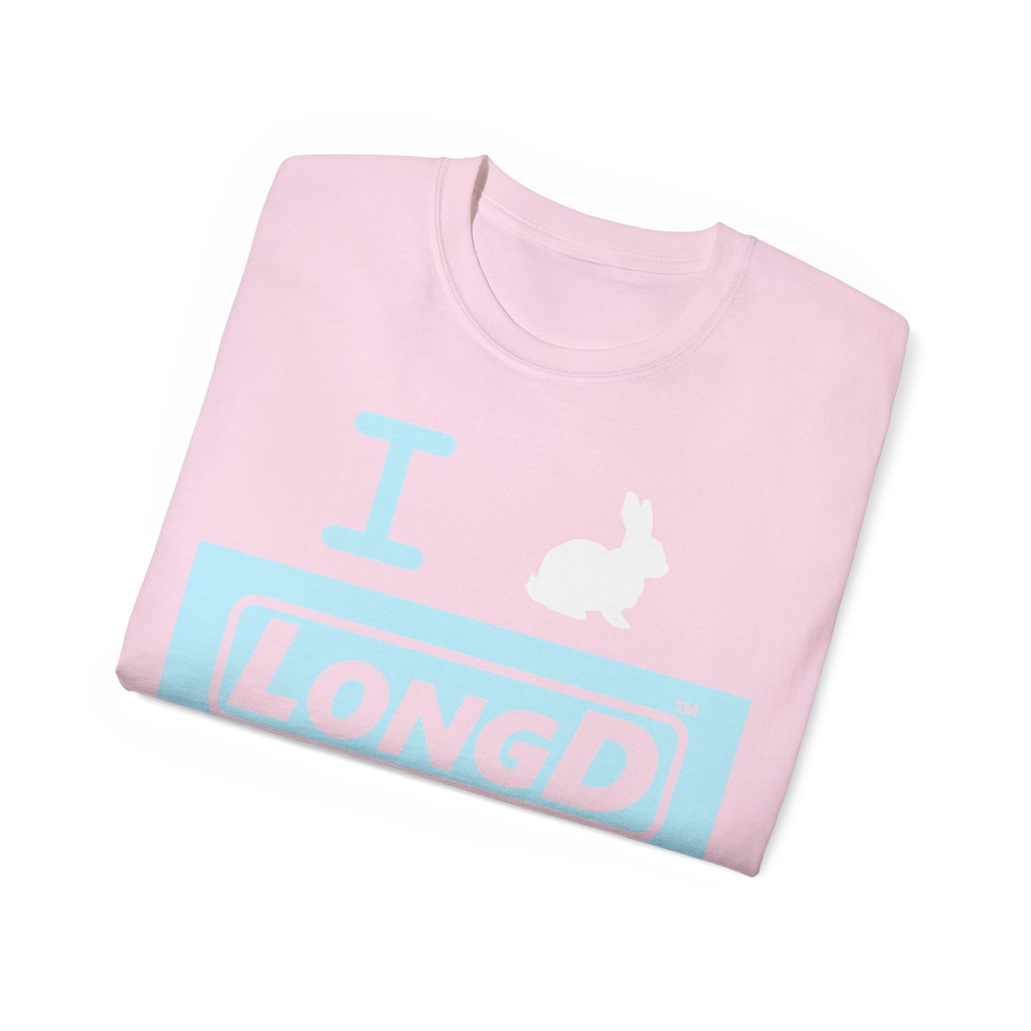 I Bunny LongD® Logo Cotton Tee Easter pastel blue negative text (white Easter Bunny)