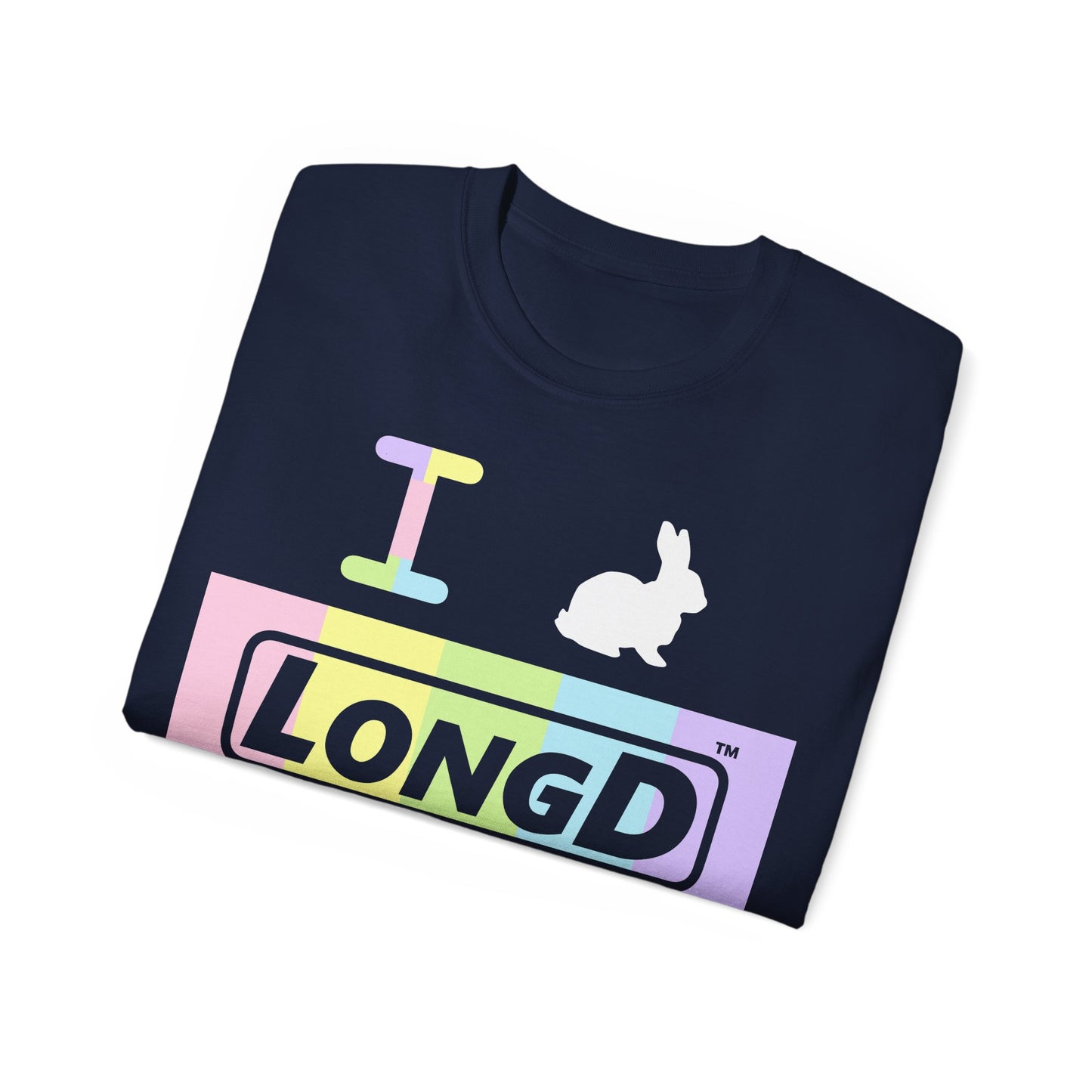 I Bunny LongD® Logo Cotton Tee Easter pastel spectrum negative text (white Easter Bunny)