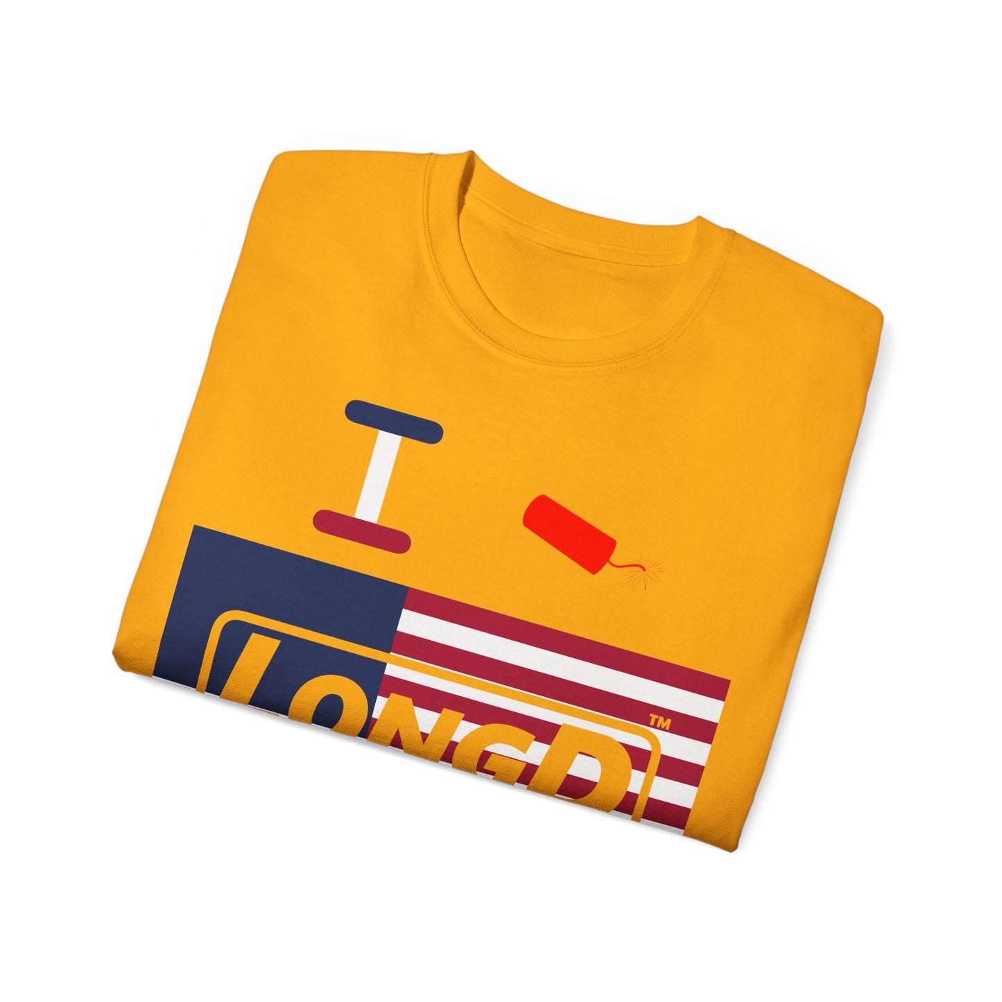 I Firecracker LongD® Logo Cotton Tee Red, White and Blue negative flag text