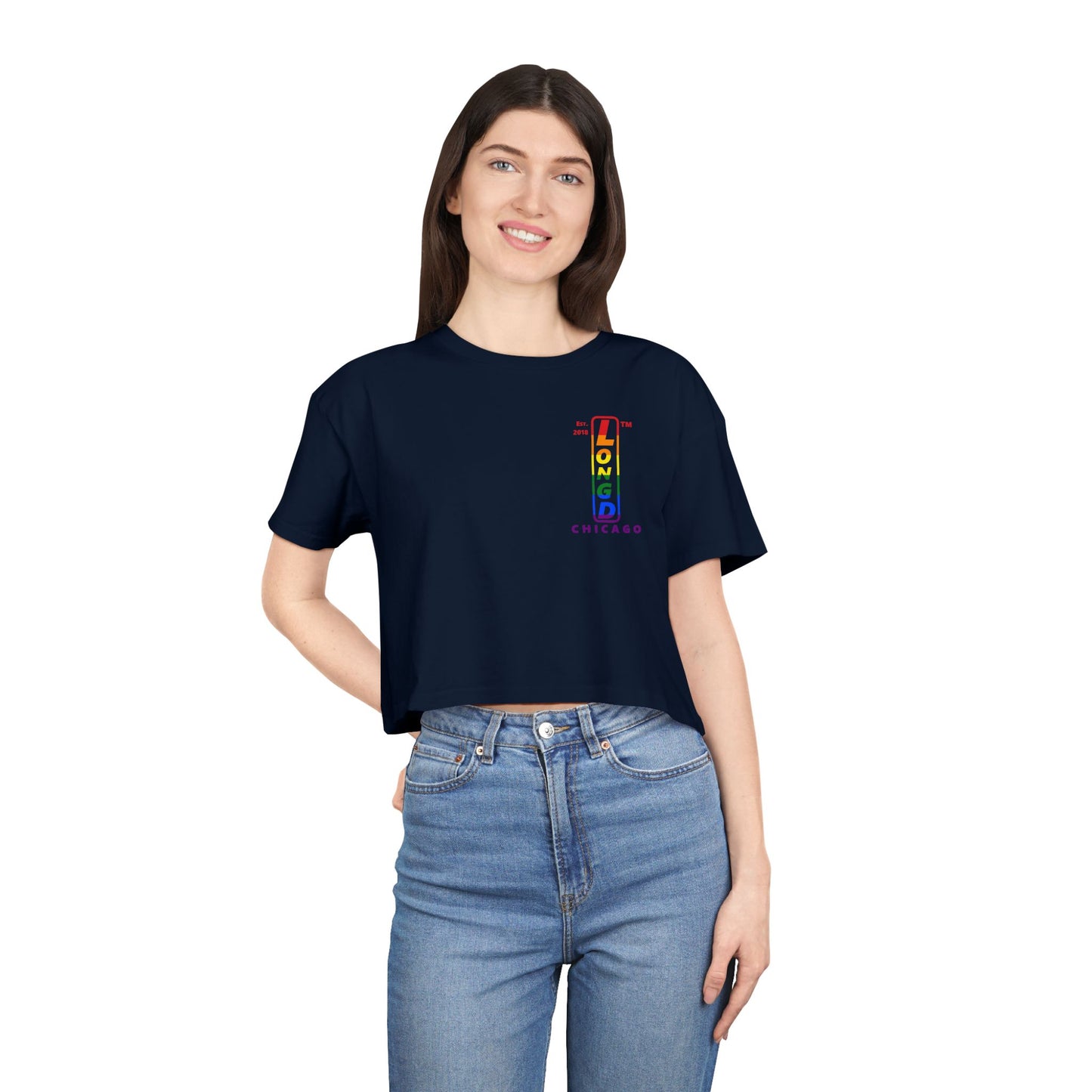 Positive horizontal 6-striped upright single-breasted Chicago logo crop tee (Pride colors)
