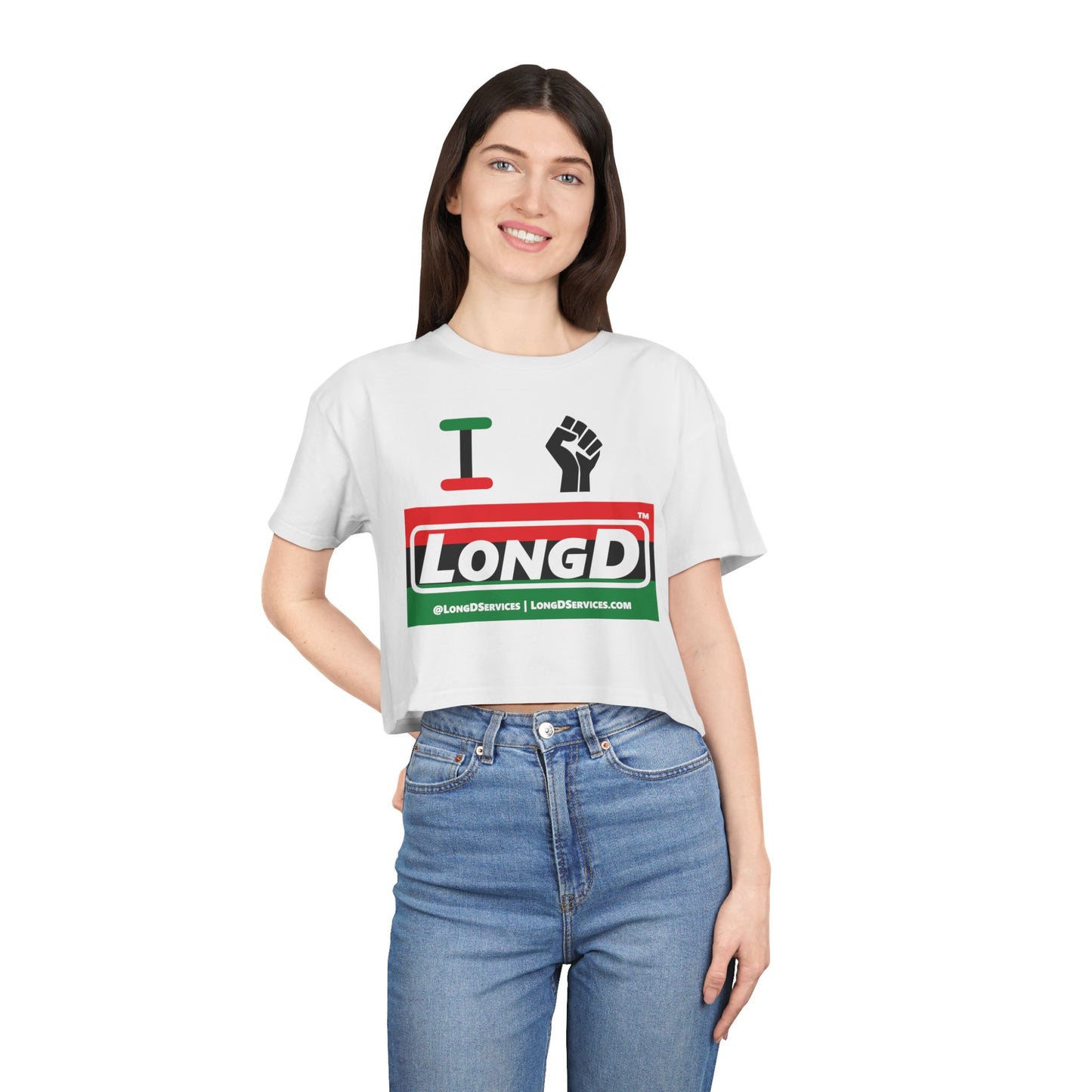 I Fist LongD Logo Women's Crop Tee (Black fist and Juneteenth striped negative thirds logo)