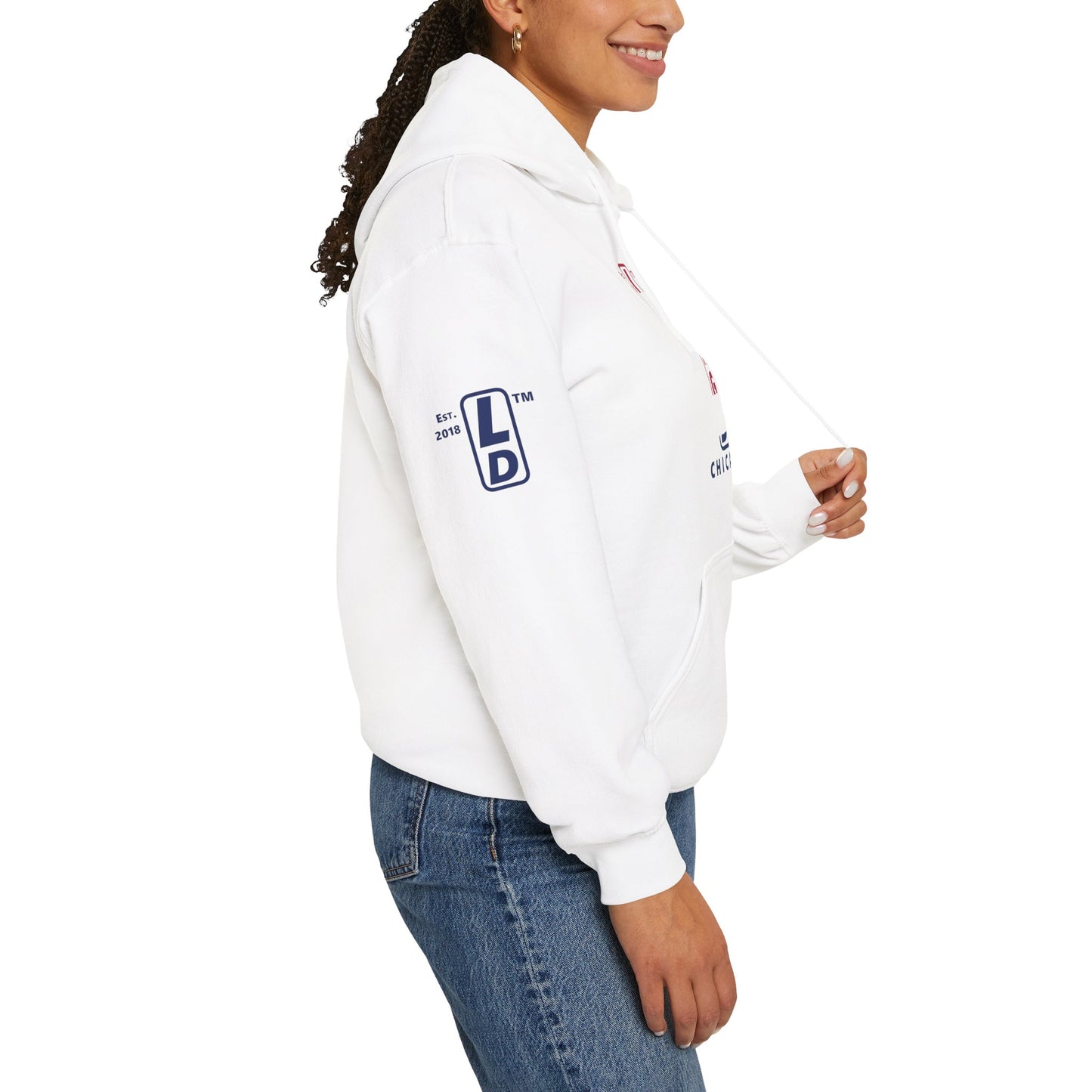 LongD® positive horizontal 6-striped Chicago 4-print upright logo hoodie (patriotic colors)