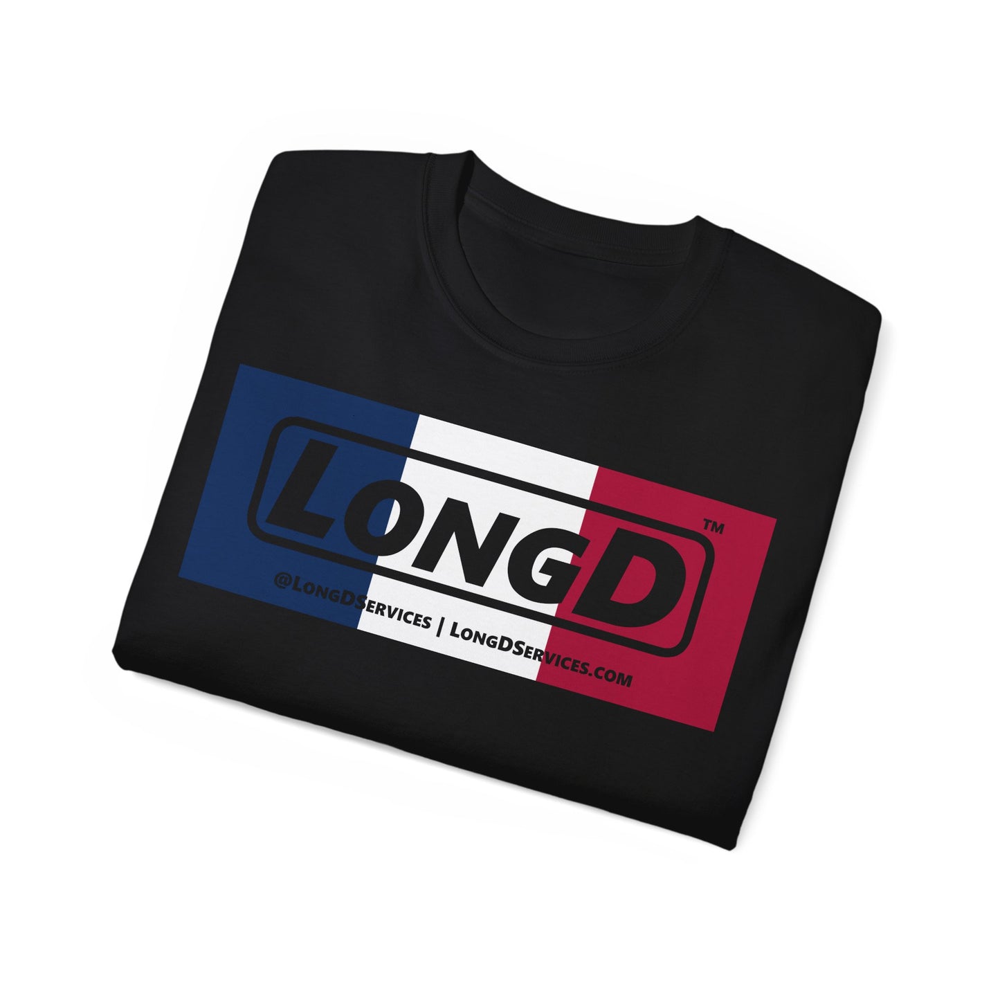 LongD® Logo Cotton Tee Blue, White and Red negative thirds text