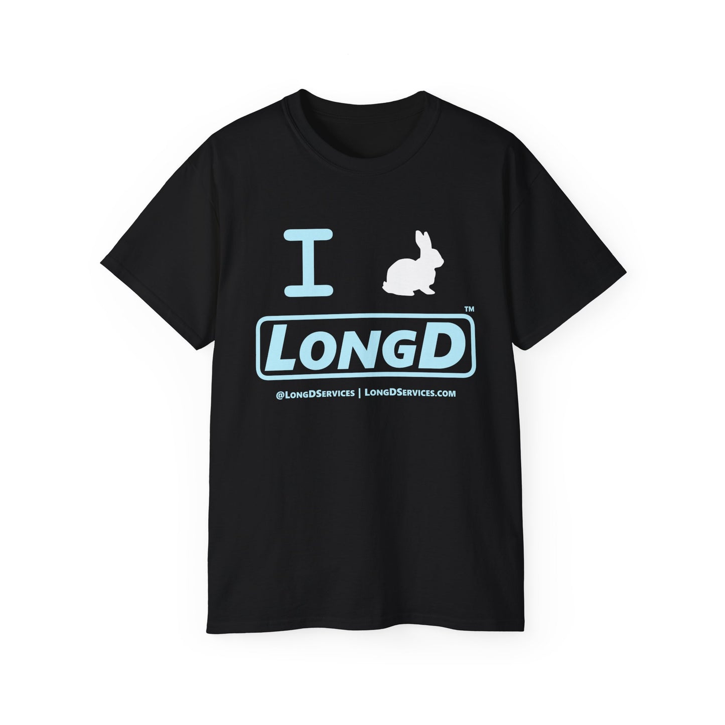 I Bunny LongD® Logo Cotton Tee Easter pastel blue text (white Easter Bunny)