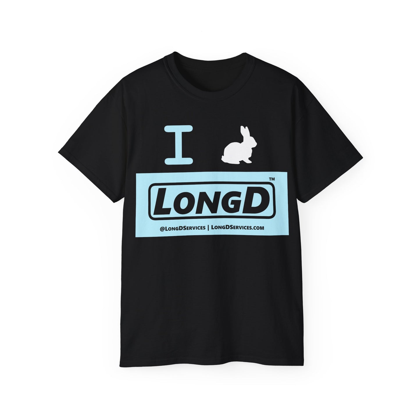 I Bunny LongD® Logo Cotton Tee Easter pastel blue negative text (white Easter Bunny)