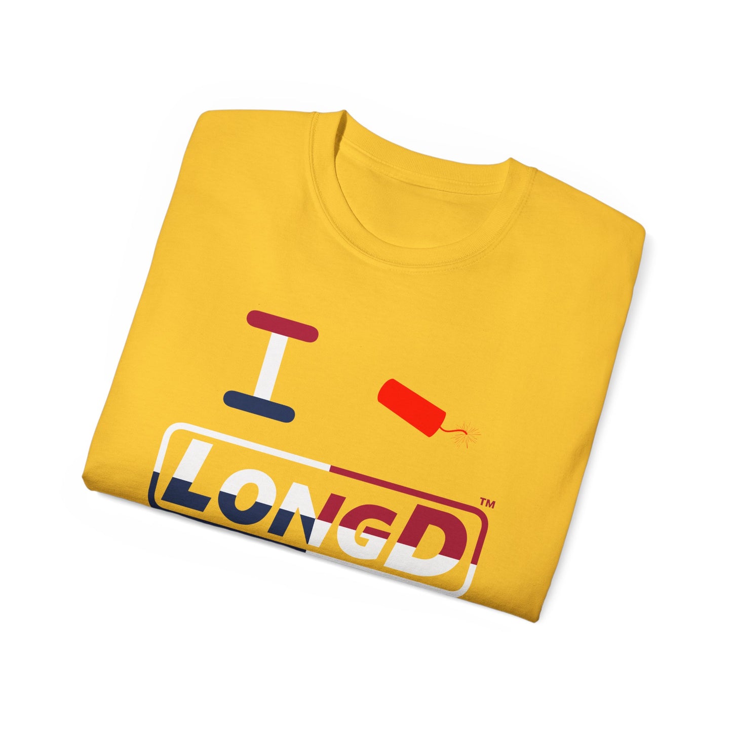 I Firecracker LongD® Logo Cotton Tee Red, White and Blue positive quarters text