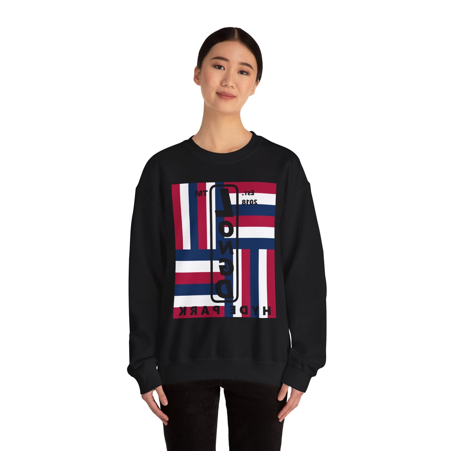 LongD negative rotated windmill Hyde Park front-back upright logo crewneck sweatshirt (patriotic colors)