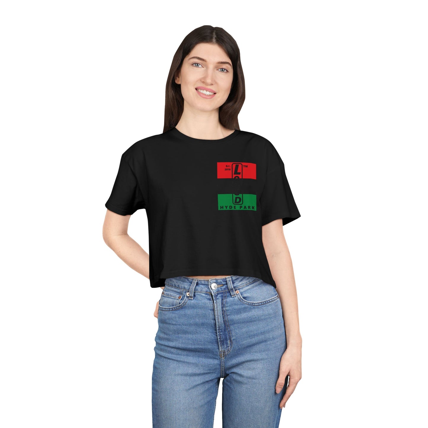 Negative horizontal 3-striped upright single-breasted Hyde Park logo crop tee (Juneteenth colors)