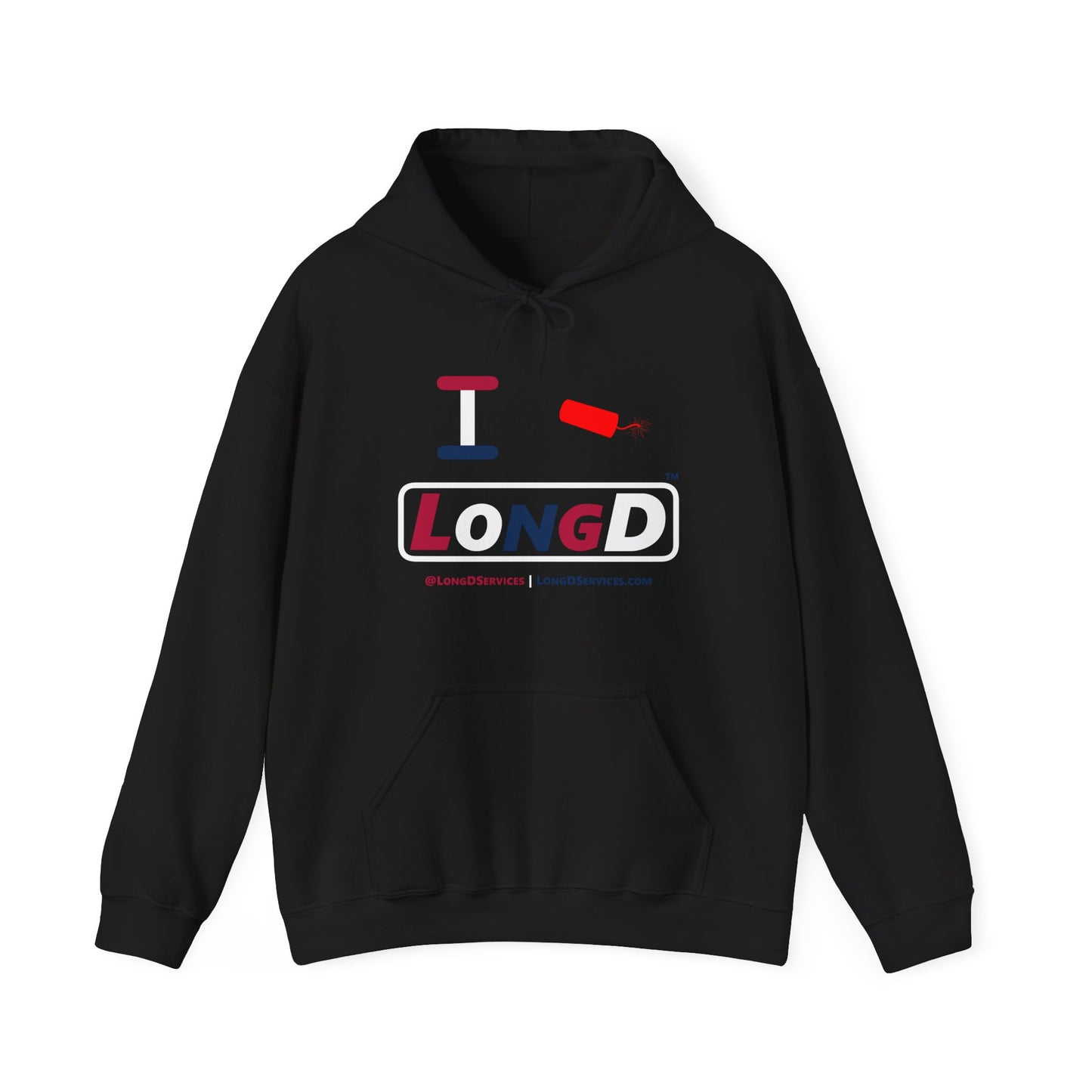 I Firecracker LongD® Logo Hoodie red, white and blue varied positive elements