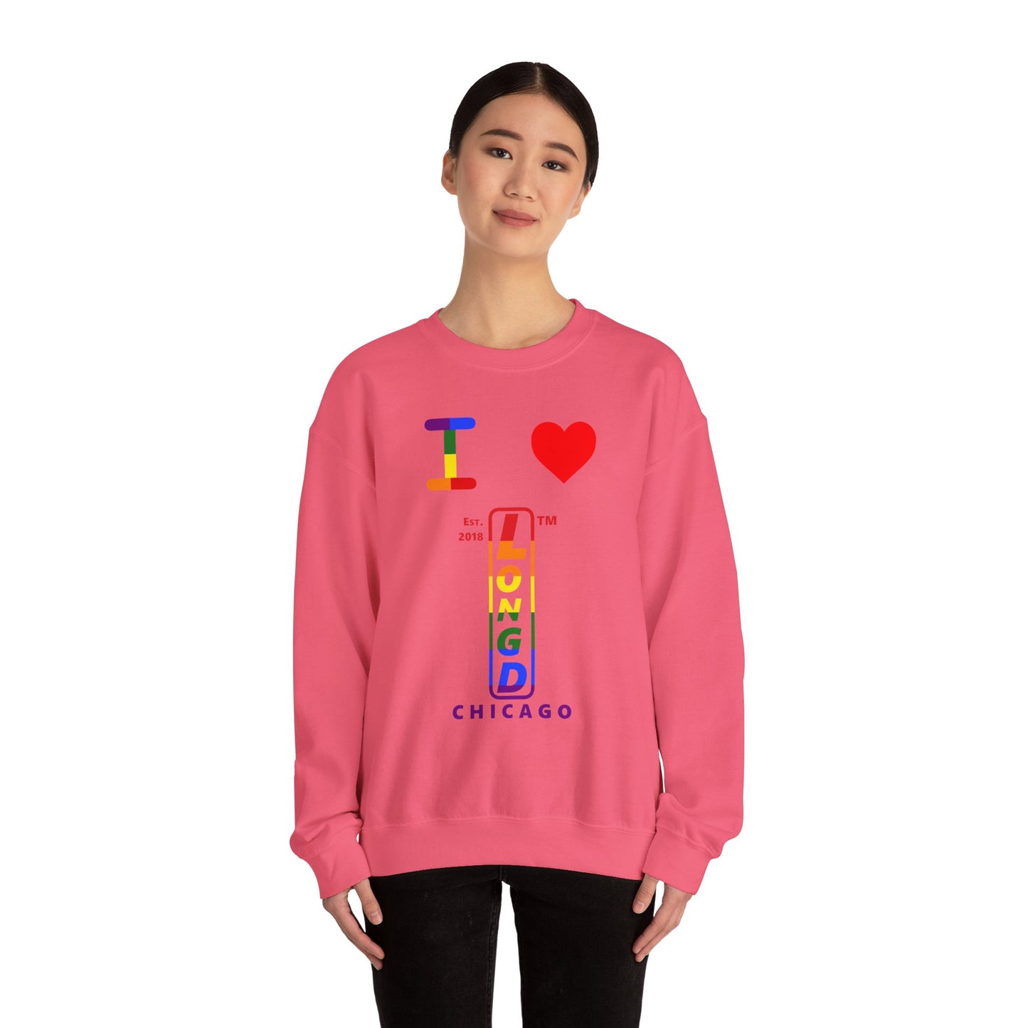 I Luv LongD positive horizontal 6-striped Chicago upright logo crewneck sweatshirt