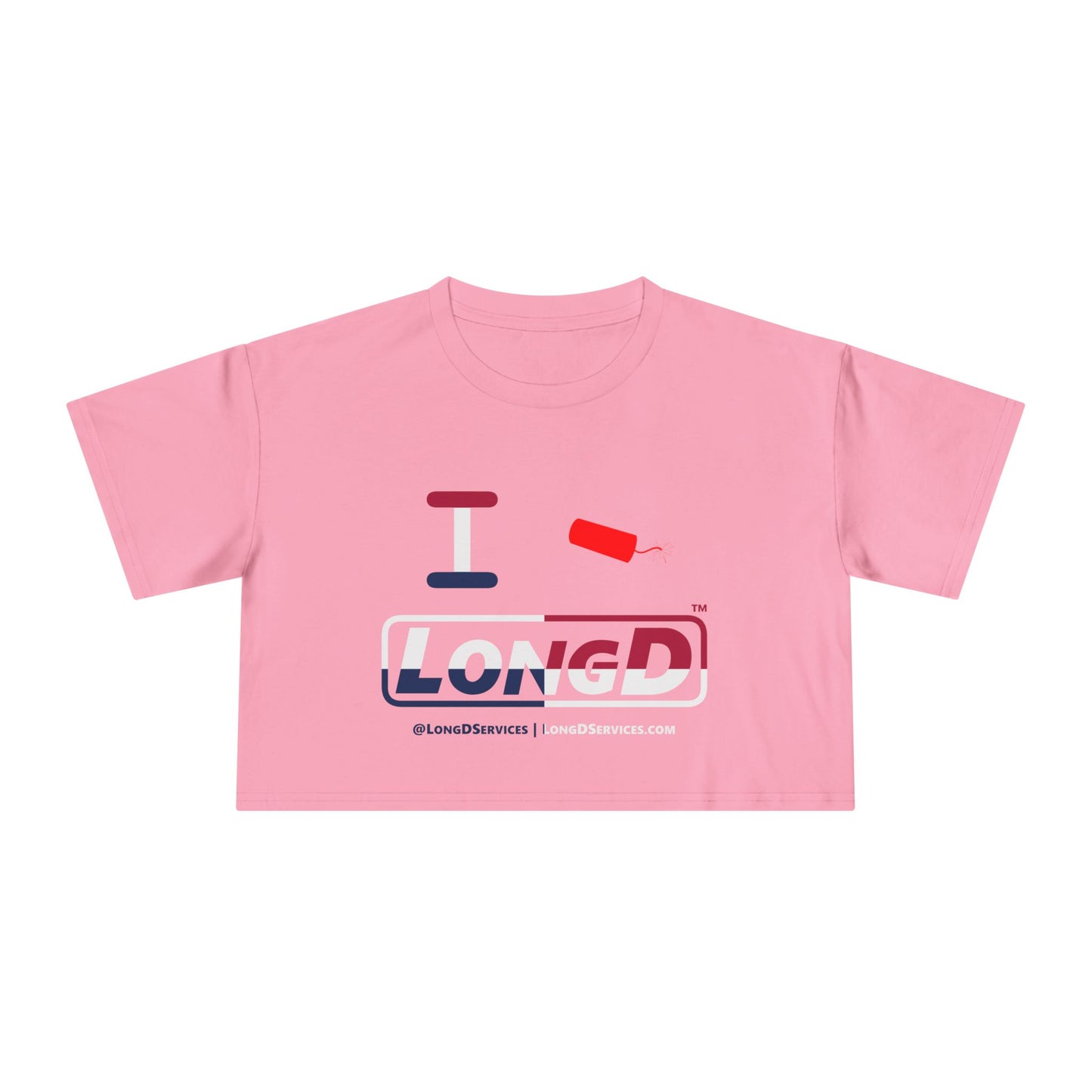 I Firecracker LongD Logo Women's Crop Tee Red, White & Blue positive quarters
