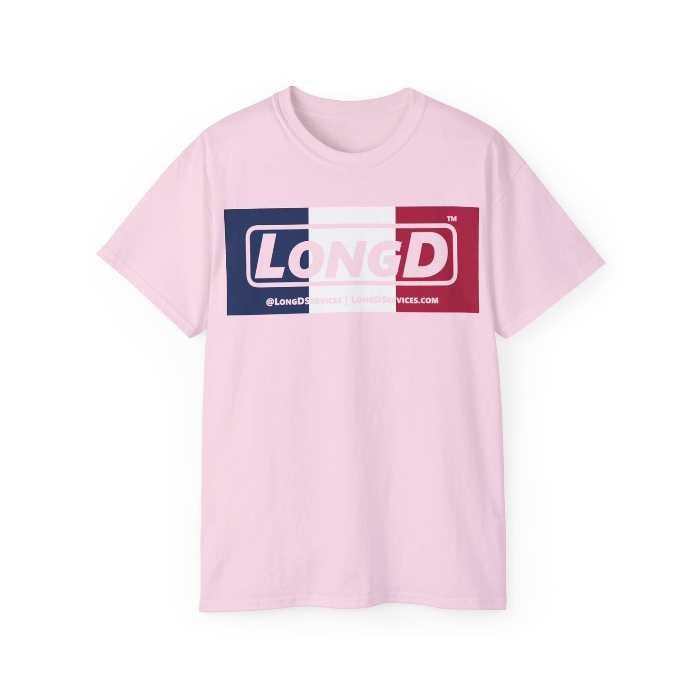 LongD® Logo Cotton Tee Blue, White and Red negative thirds text