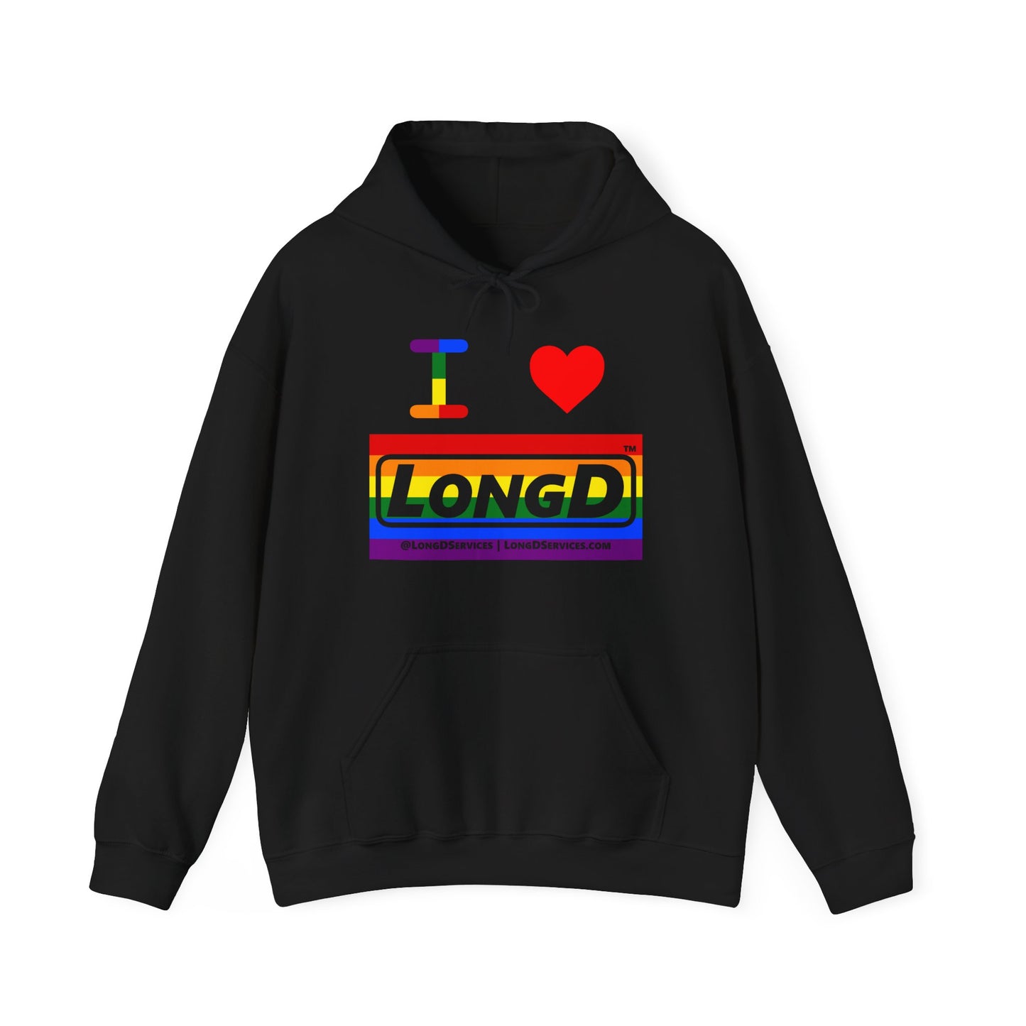 I Luv LongD® Logo Hoodie with Pride rainbow striped negative text