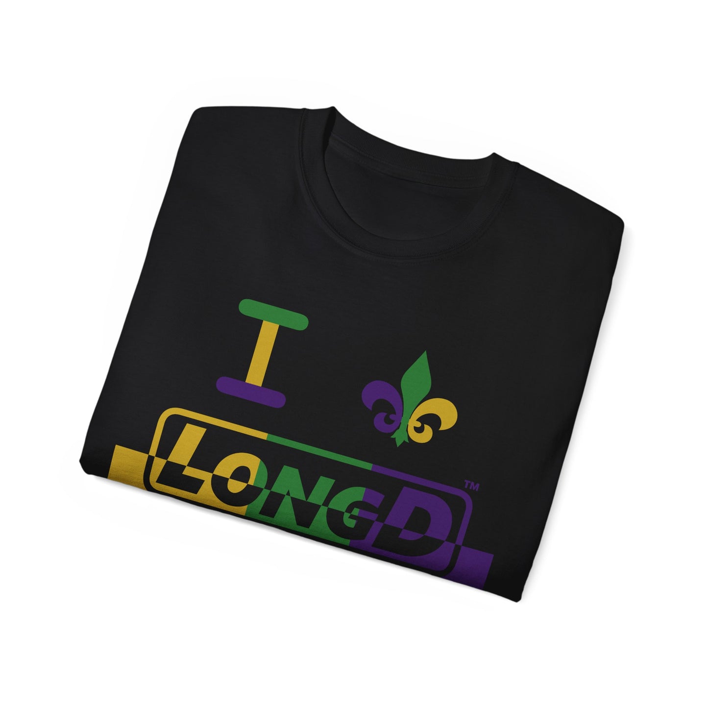 I Fleur LongD® Logo Cotton Tee (Mardi Gras colored text, positive top logo, negative bottom logo & black fleur de lis)