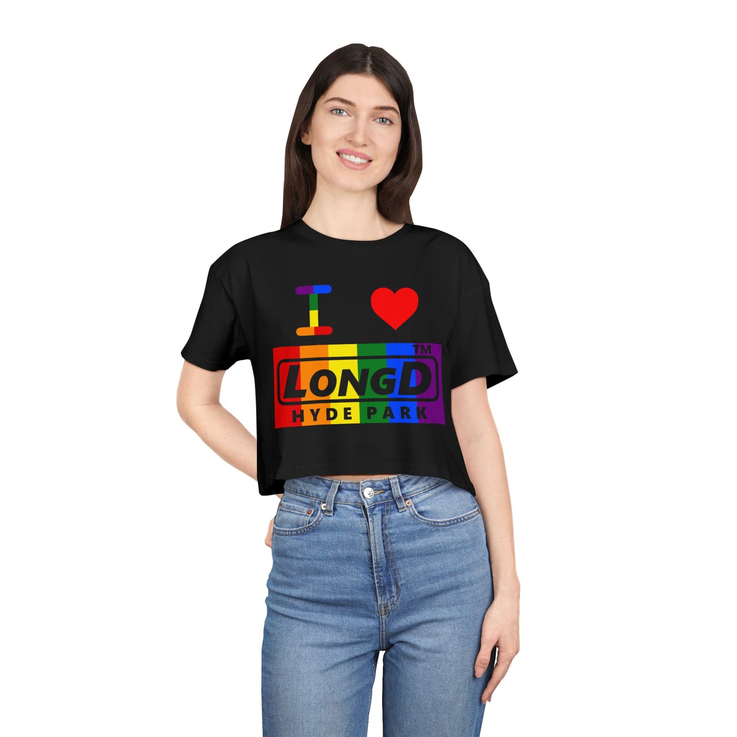 I Luv LongD negative vertical 6-striped Hyde Park logo crop tee (Pride colors)