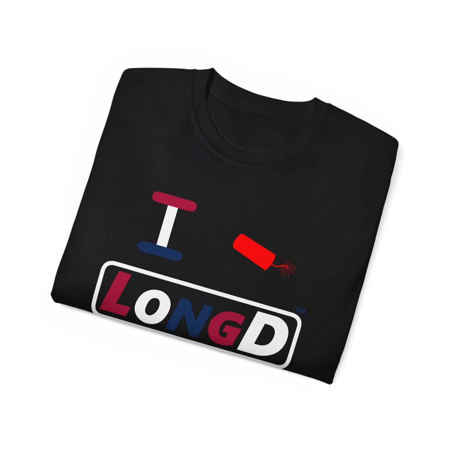 I Firecracker LongD® Logo Cotton Tee Red, White and Blue positive varied elements text