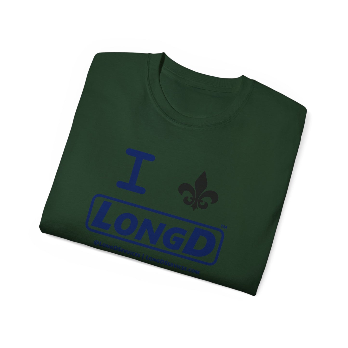 I Fleur LongD® Logo Cotton Tee (blue text & black fleur de lis)