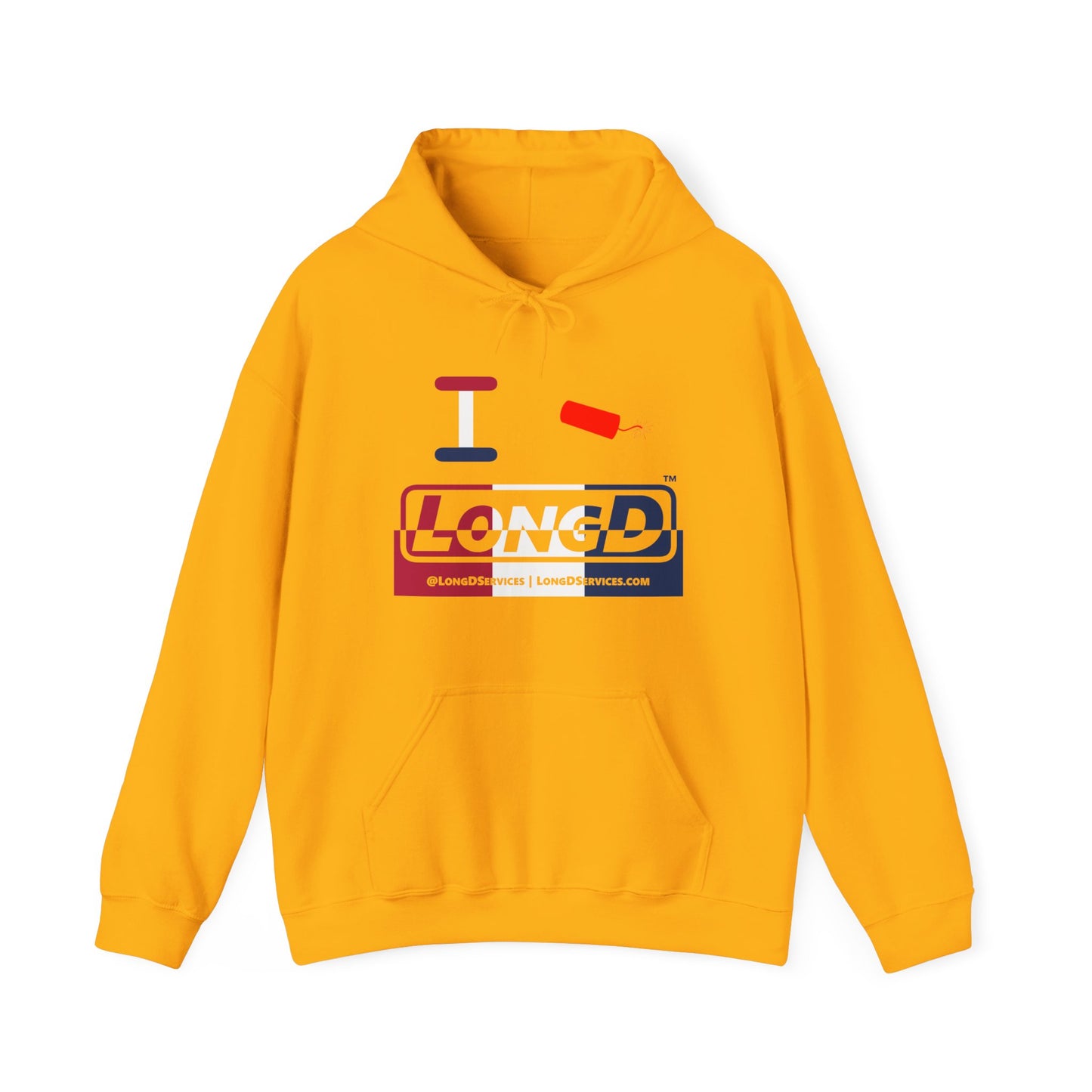 I Firecracker LongD® Logo Hoodie red, white and blue positive top negative bottom thirds