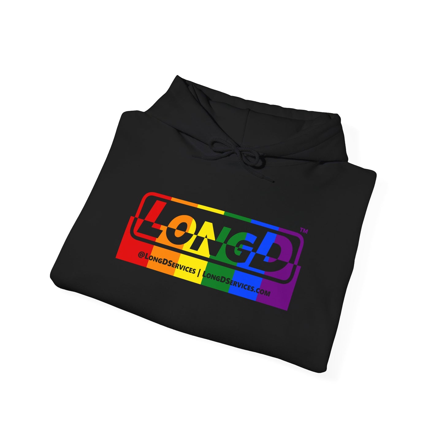 LongD® Logo Hoodie with Pride rainbow positive top negative bottom text