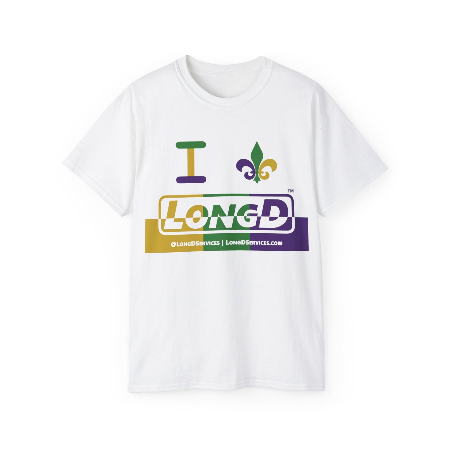 I Fleur LongD® Logo Cotton Tee (Mardi Gras colored text, positive top logo, negative bottom logo & black fleur de lis)