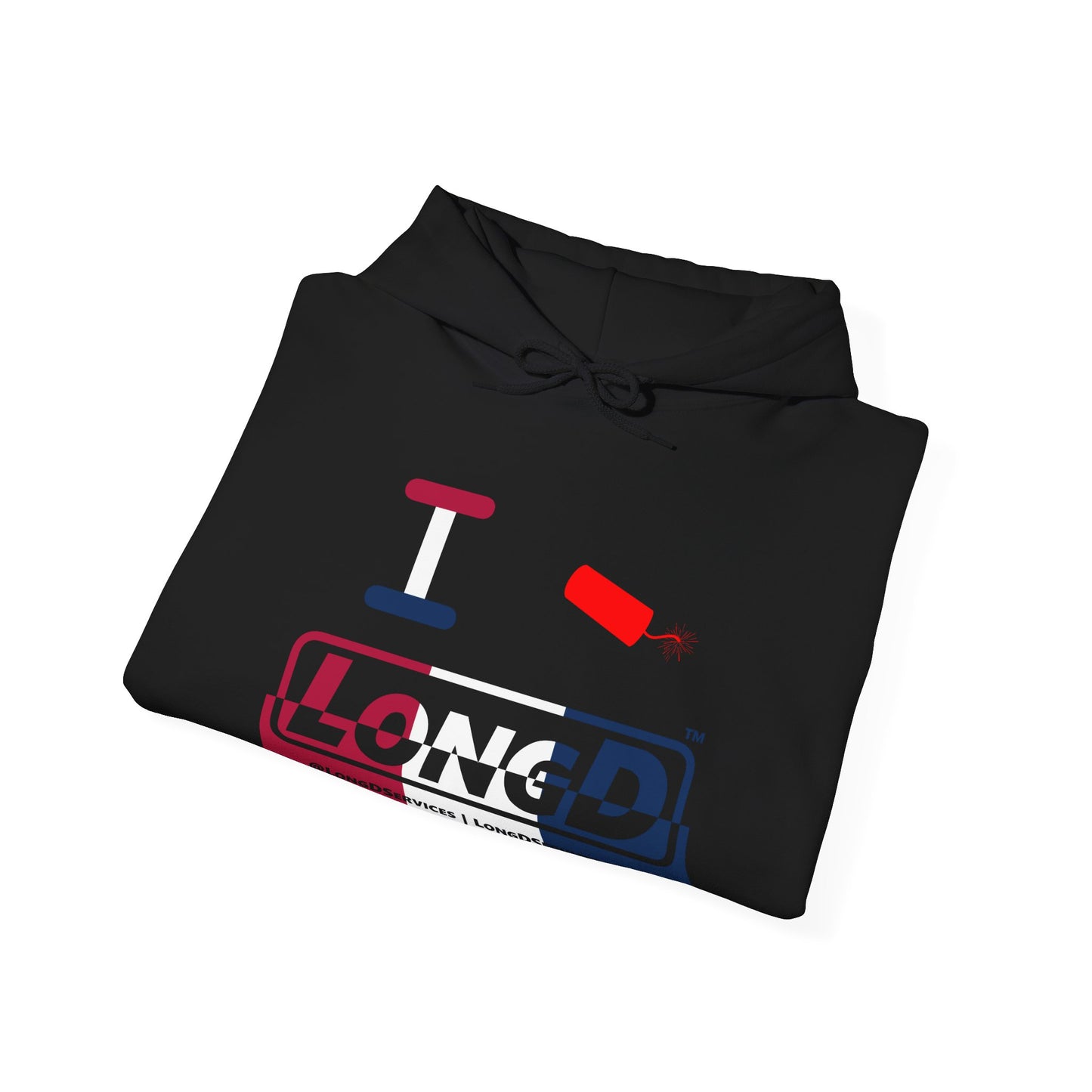 I Firecracker LongD® Logo Hoodie red, white and blue positive top negative bottom thirds