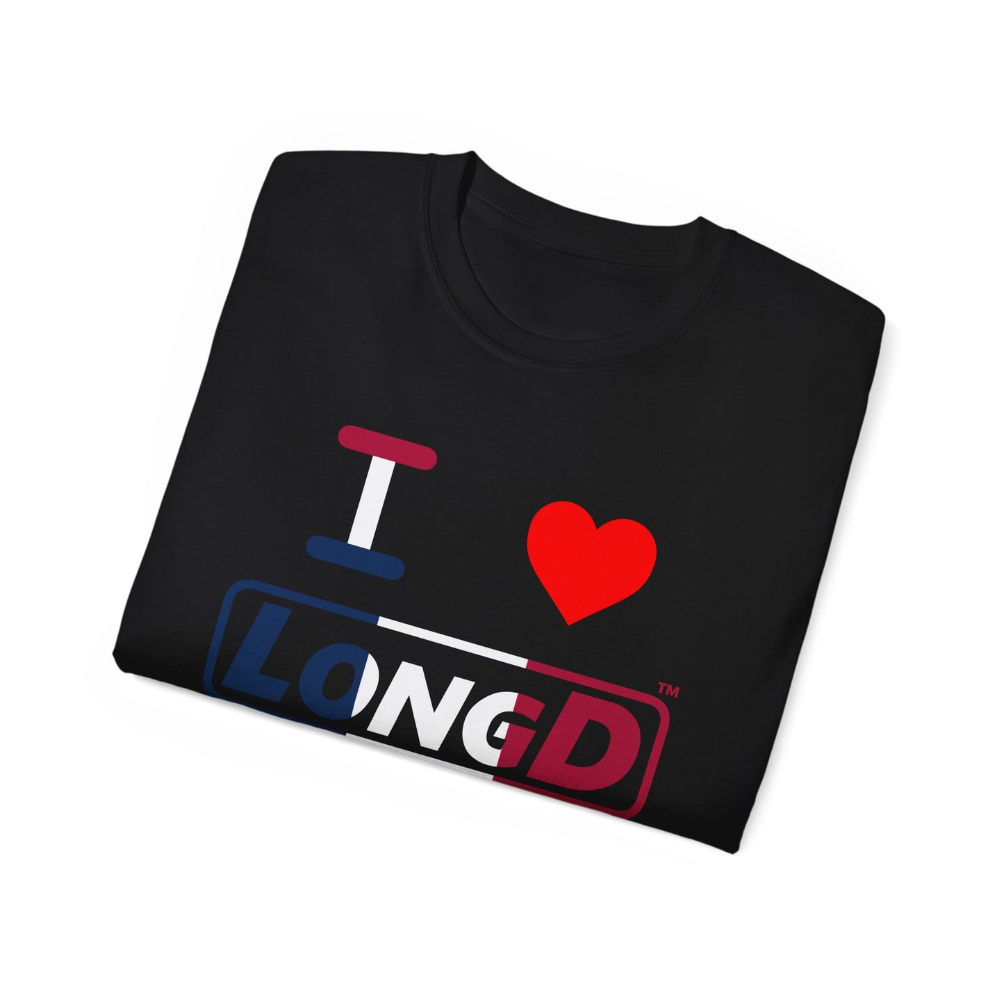 I Luv LongD® Logo Cotton Tee Blue, White and Red positive thirds text