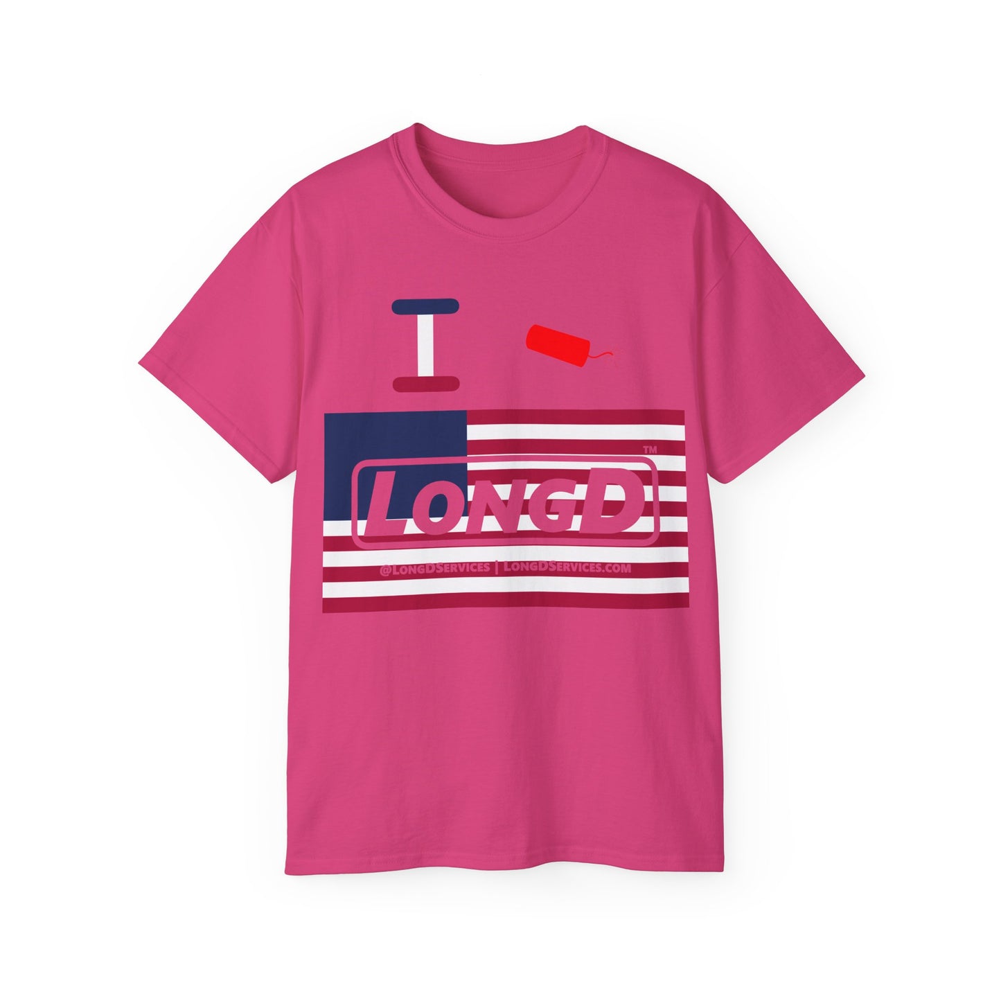 I Firecracker LongD® Logo Cotton Tee Red, White and Blue negative flag text
