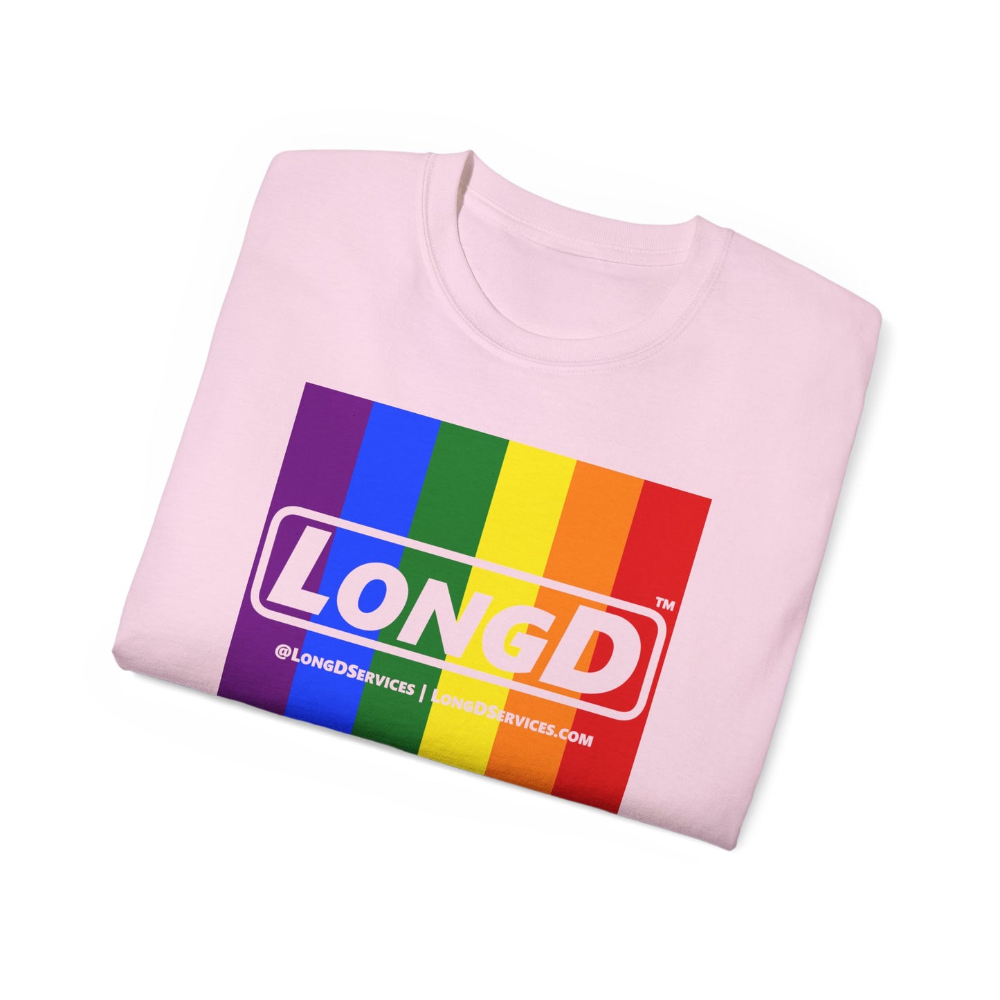 LongD® Logo Cotton Tee Pride rainbow vertical flag negative text