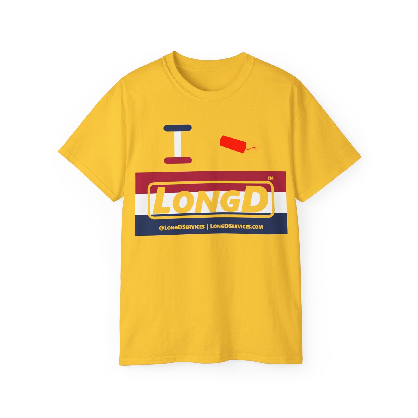 I Firecracker LongD® Logo Cotton Tee Red, White and Blue striped thirds text