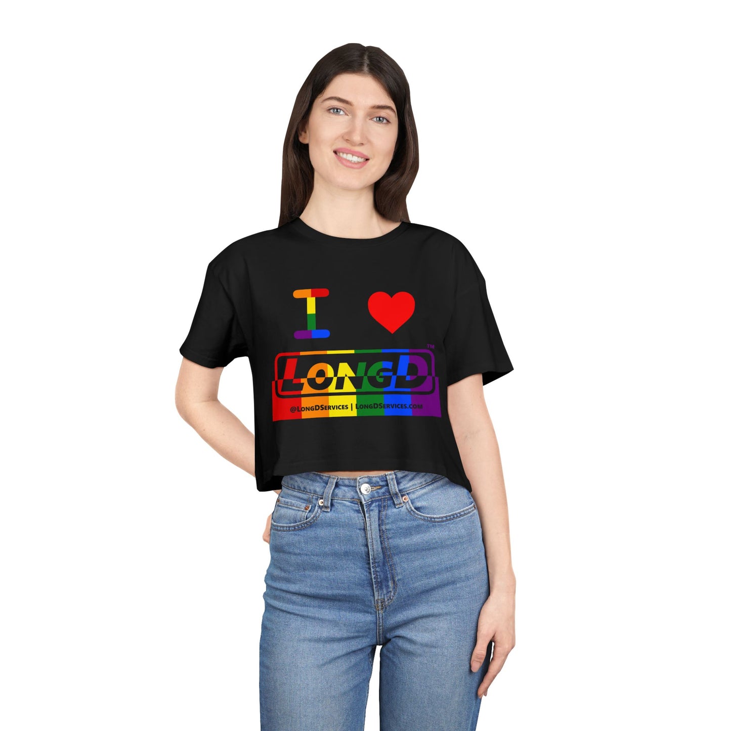 I Luv LongD Logo Women's Crop Tee (Pride color rainbow positive top negative bottom logo)
